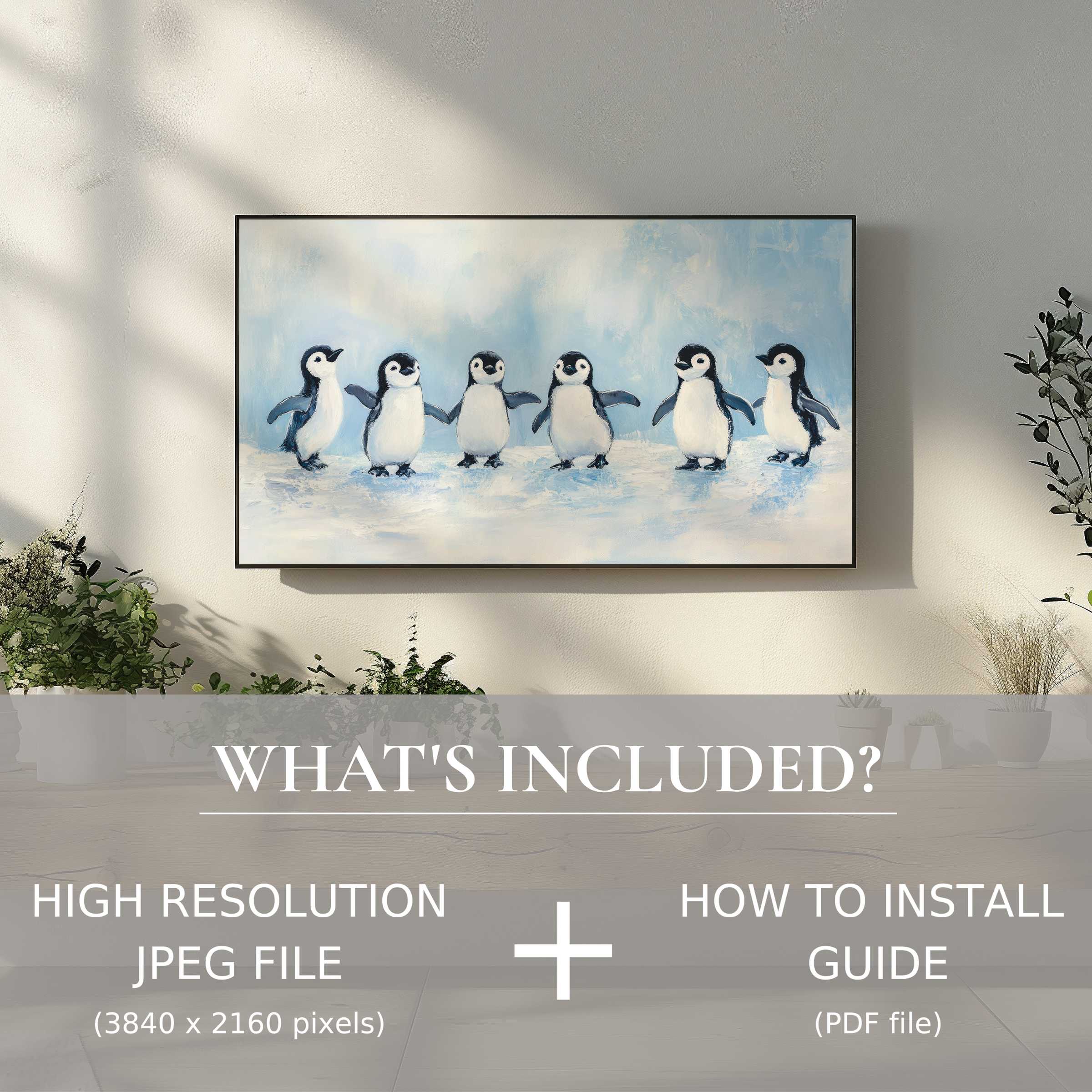 Chic nursery digital TV art download of playful penguins, easy to use, elevates any stylish living space instantly