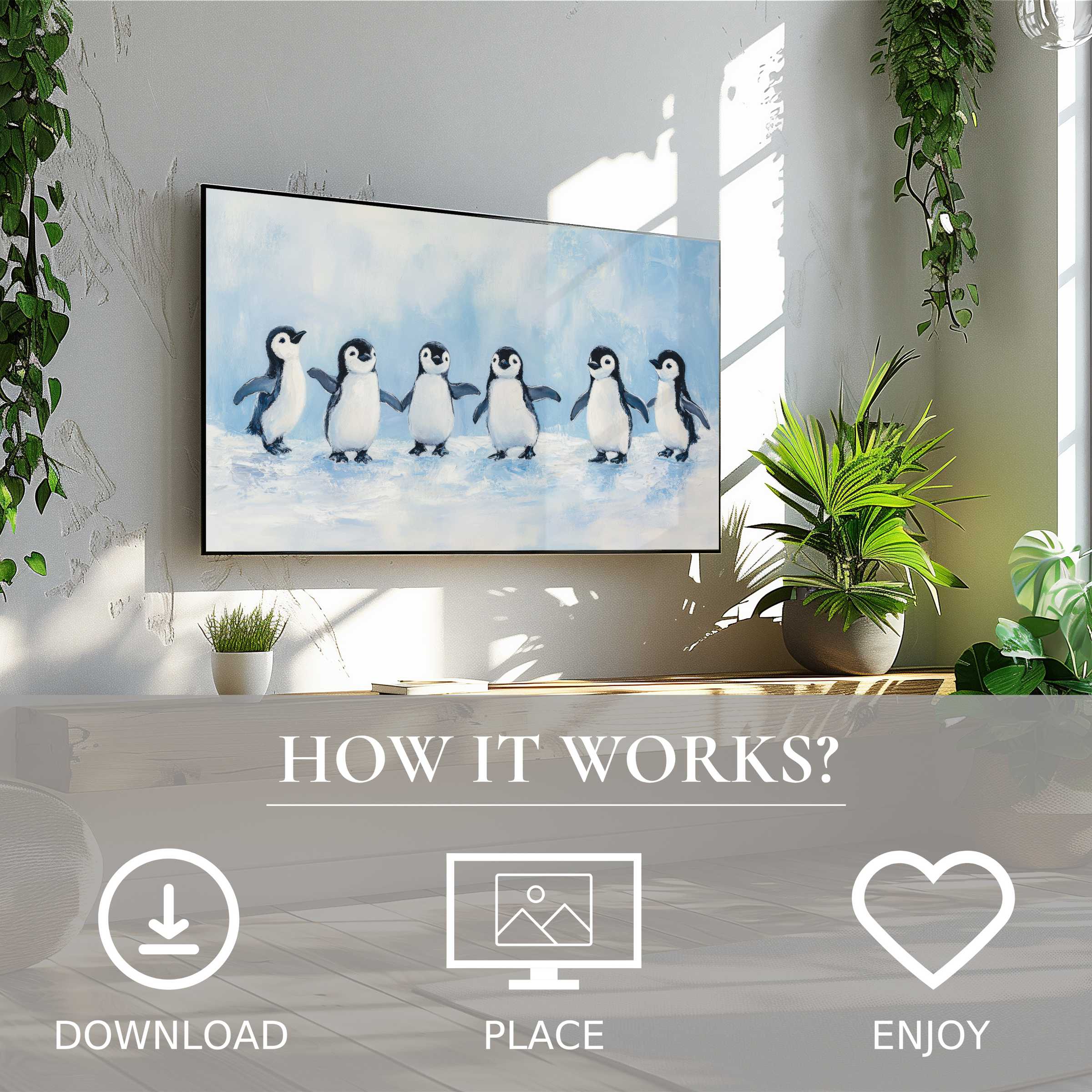 Bright nursery art for Samsung TV shows playful penguins in soft blue tones; easy digital download enriches any space