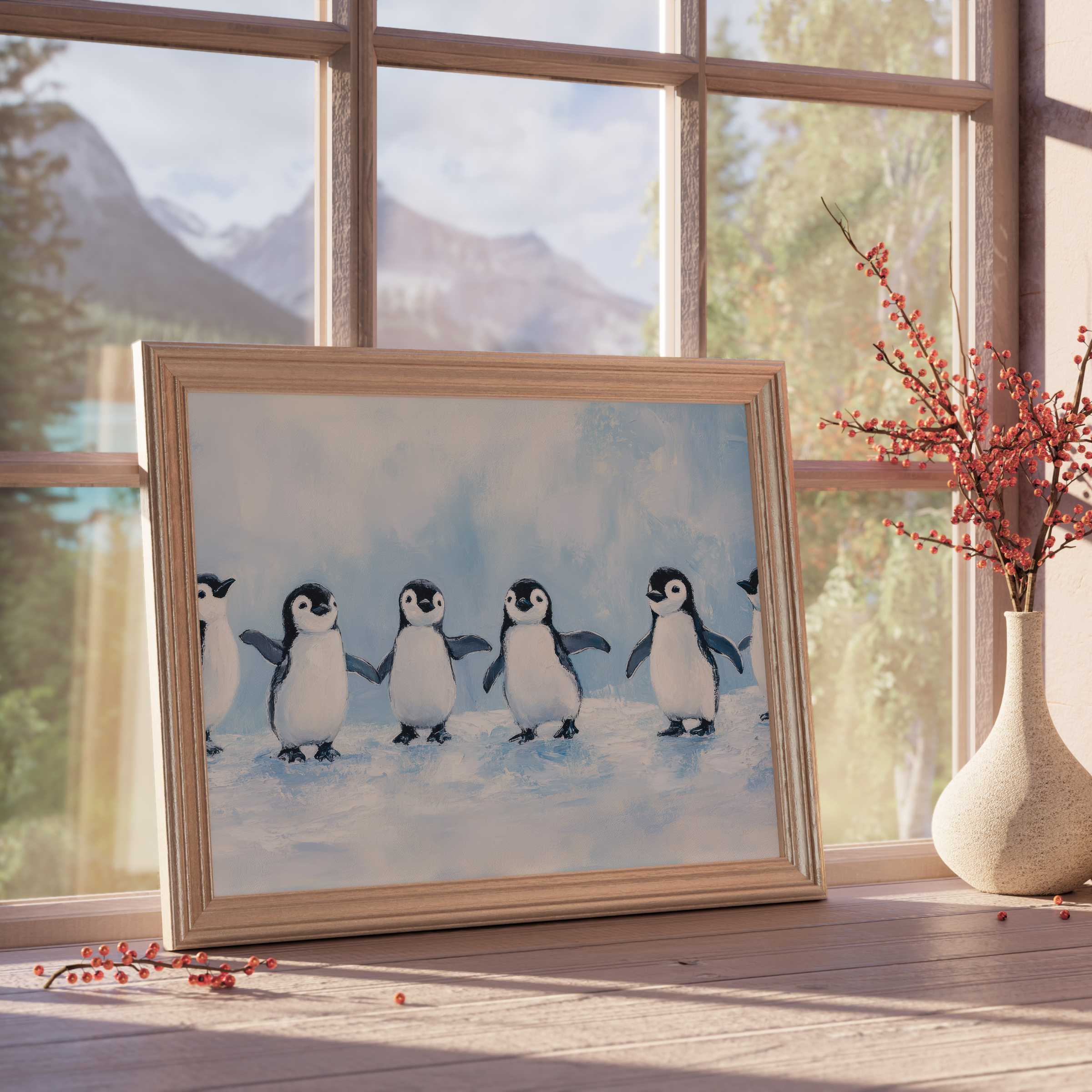 Charming nursery downloadable art featuring playful baby penguins, creating a serene, curated vibe for stylish, tranquil kids' rooms