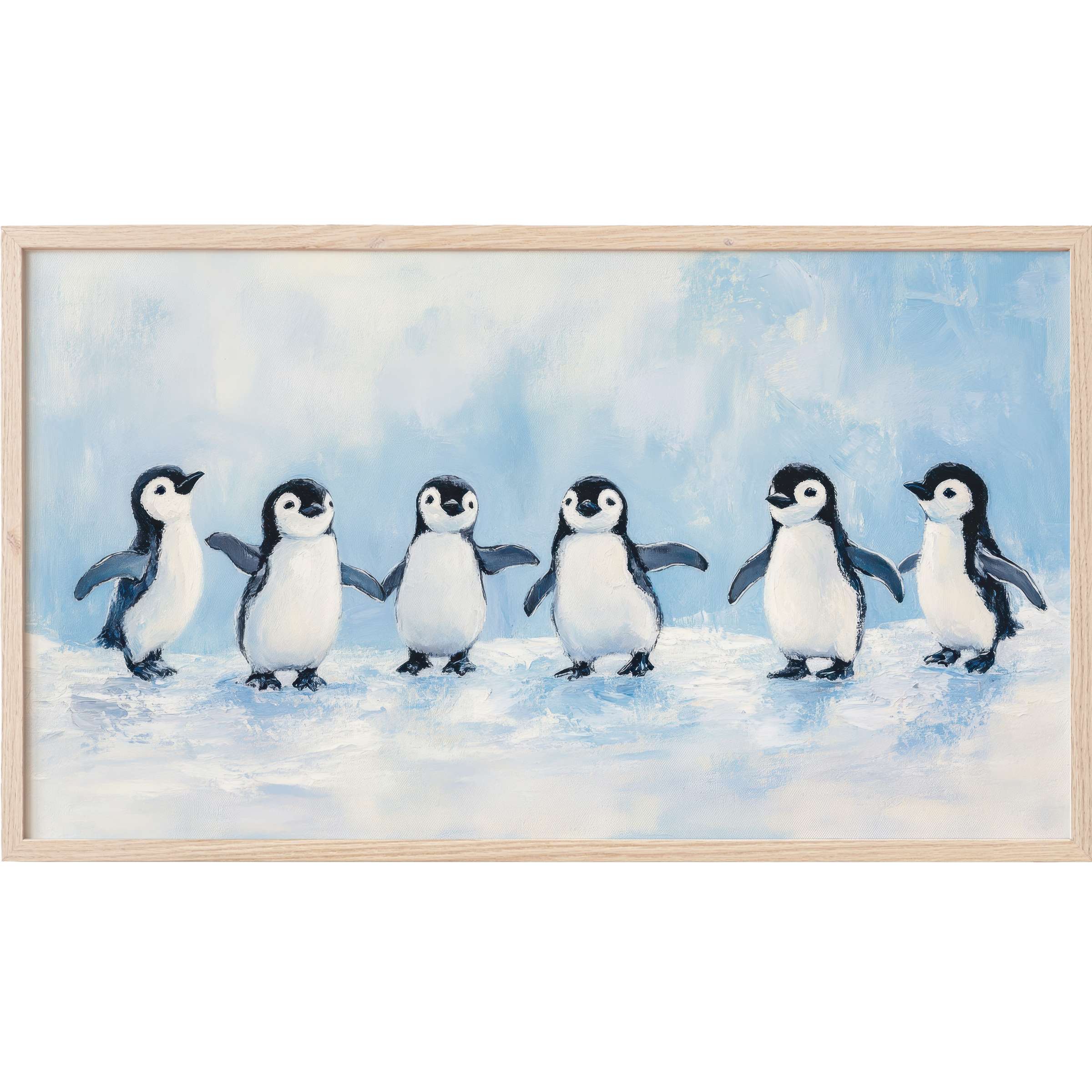 Charming nursery Frame TV Art of six playful penguins in soft blues and whites, exuding warmth and whimsy