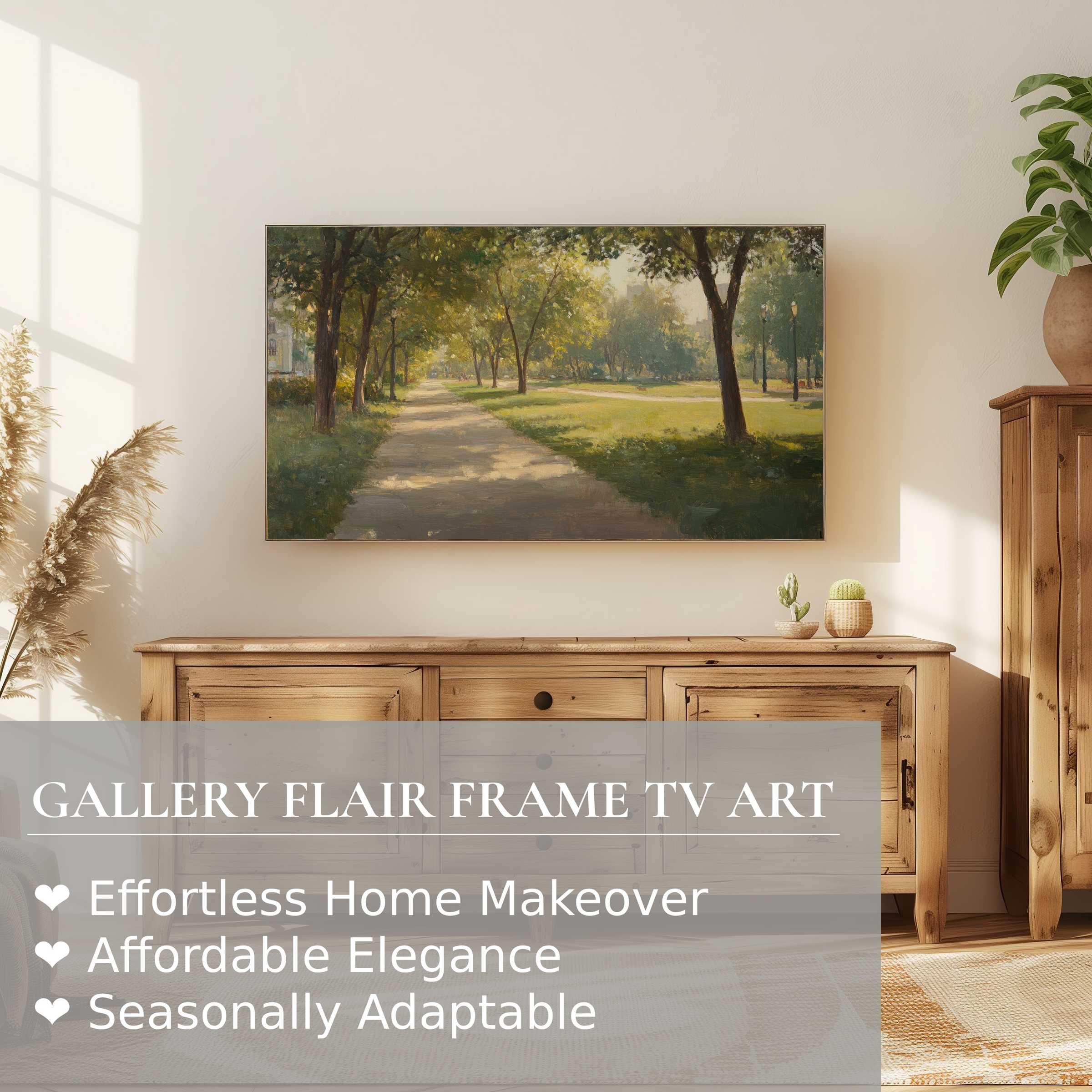 Samsung Frame TV showcasing serene urban digital artwork in a sunlit, elegant living space with refined decor