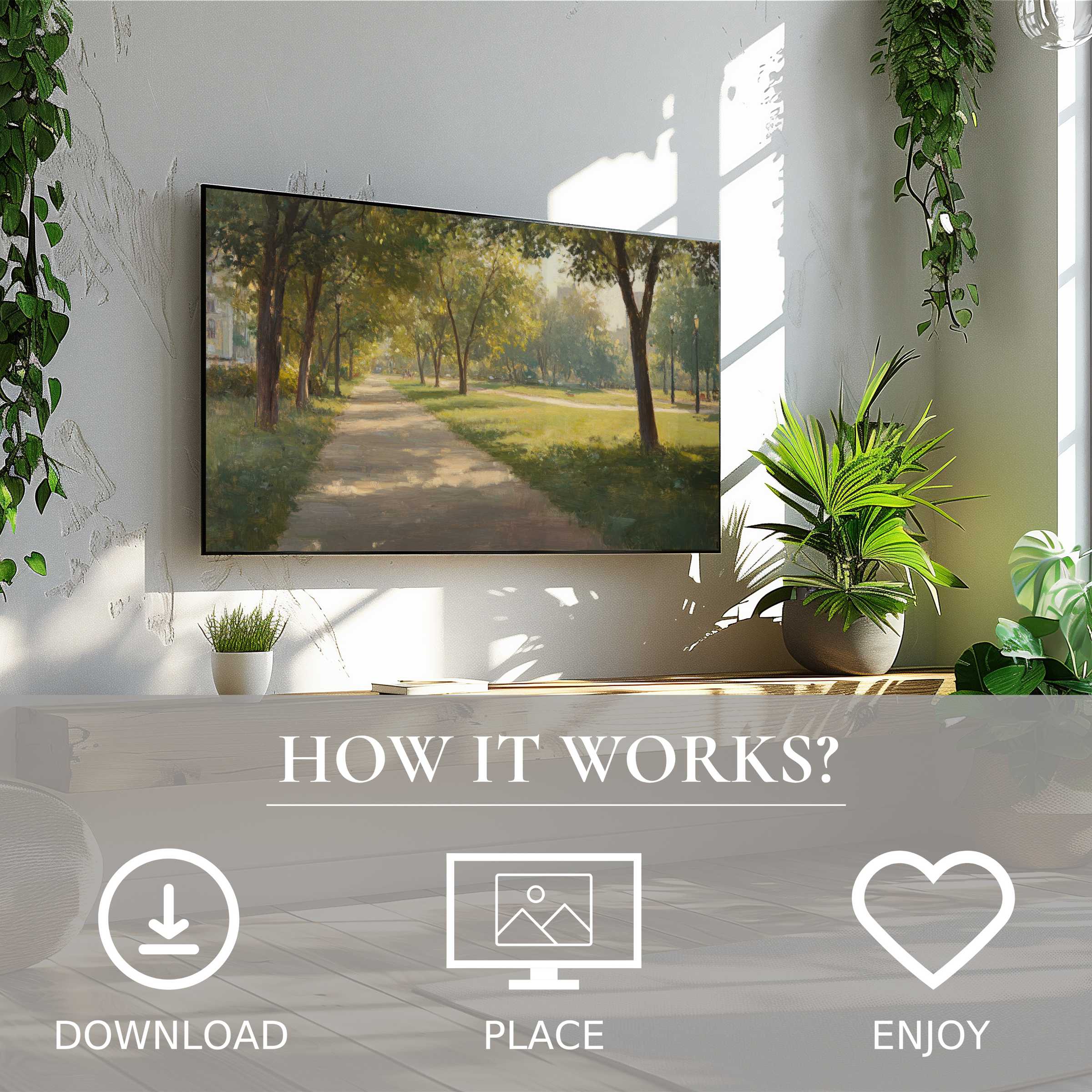 Urban art for Samsung TV with serene park motif, easy digital download enriching modern living spaces with natural warmth