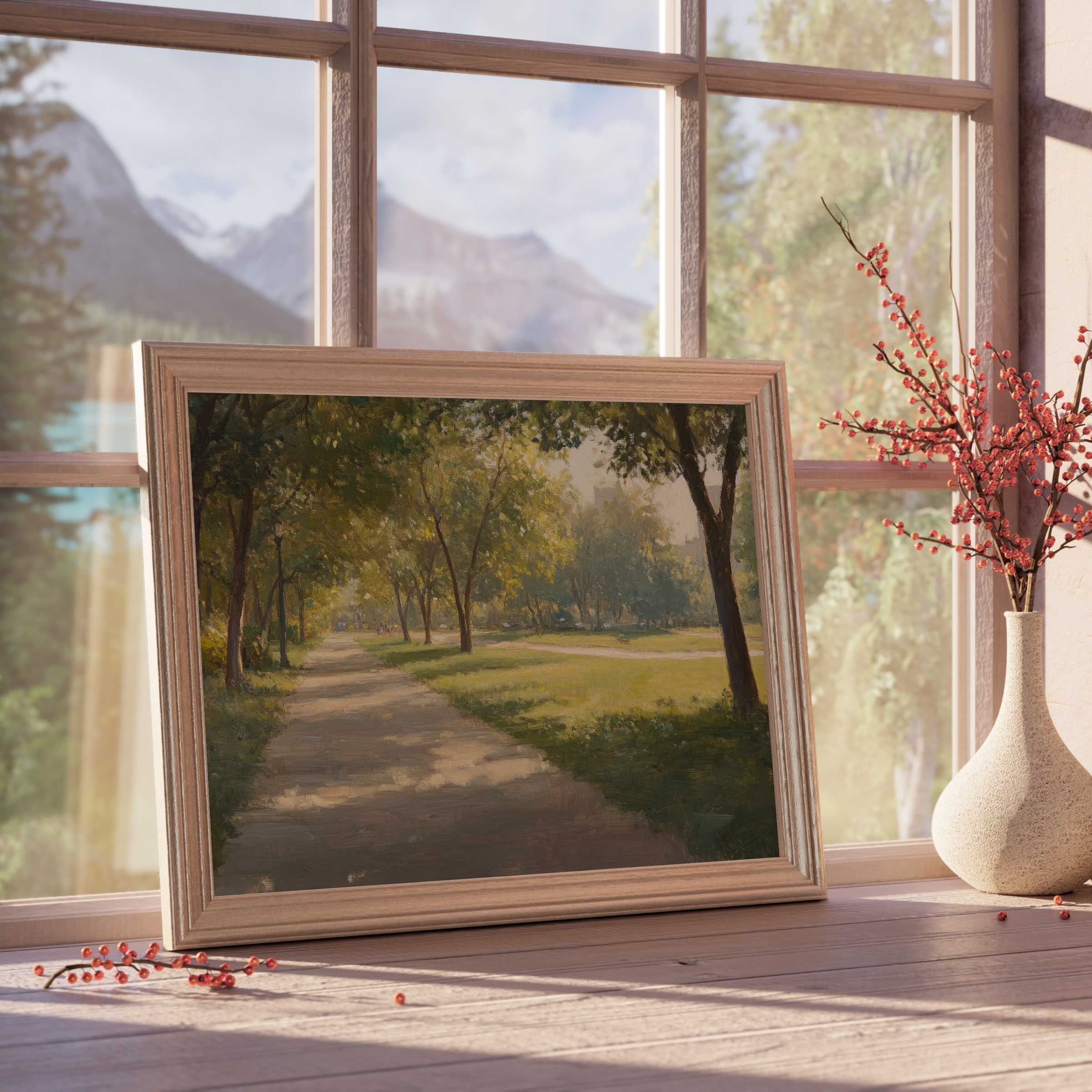 Urban downloadable art capturing a serene tree-lined path, infusing tranquil elegance and natural charm into curated modern interiors