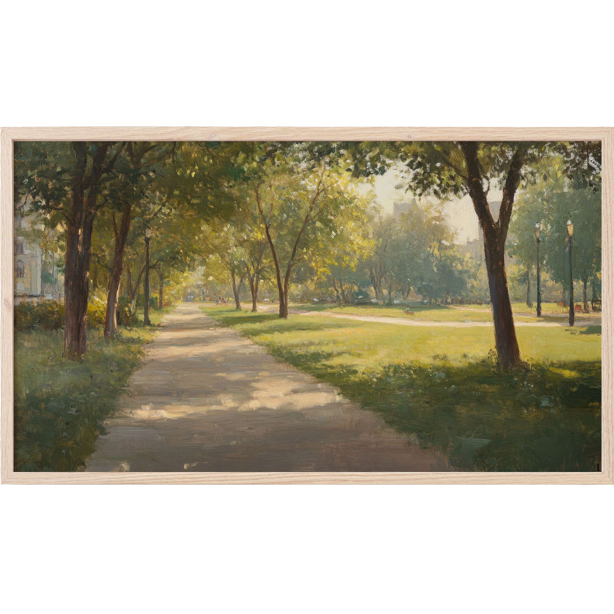 Serene sunlit park path framed by lush trees in soft greens and warm earth tones, urban Frame TV Art