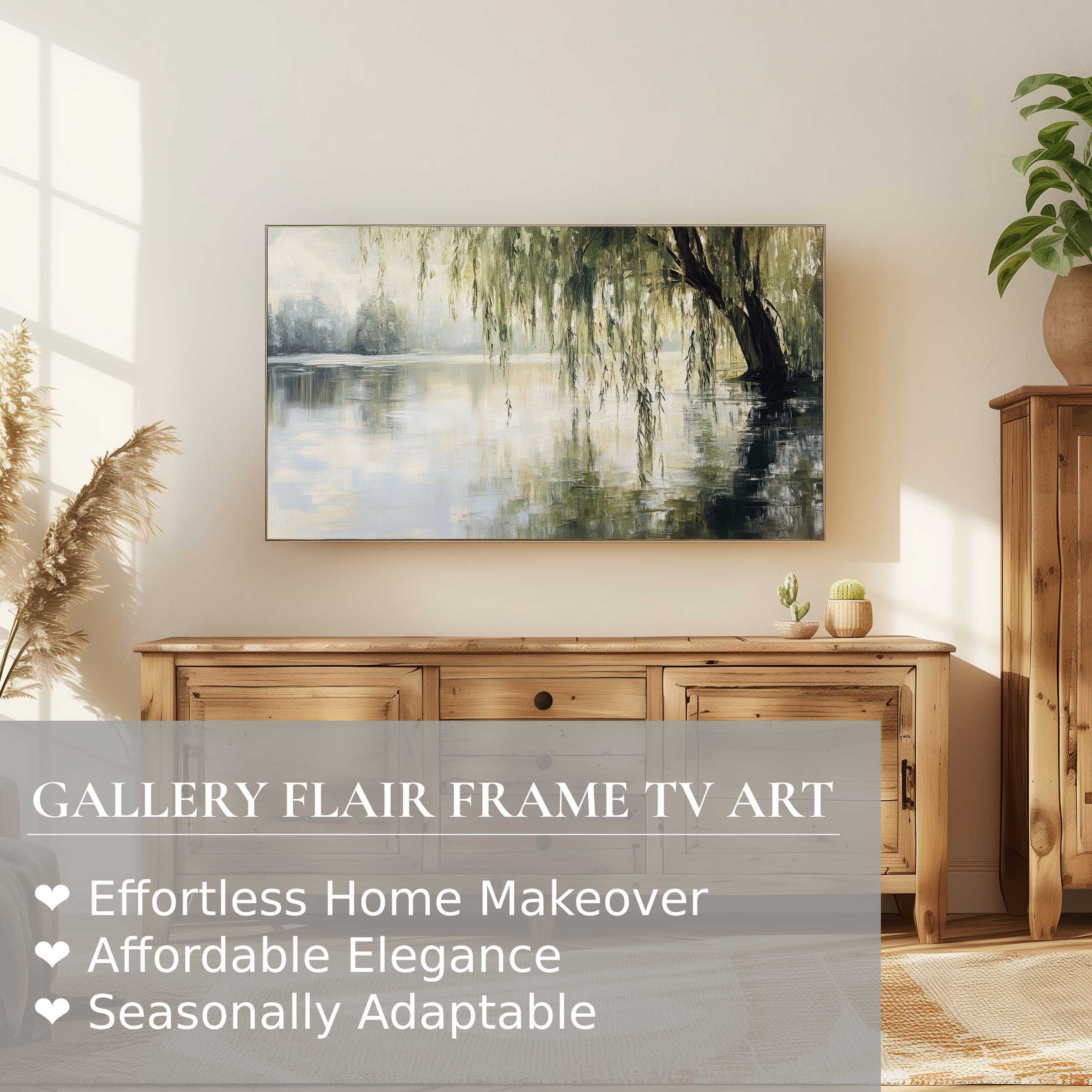Samsung Frame TV displays serene tree digital artwork in a modern, sunlit living space with natural wood accents