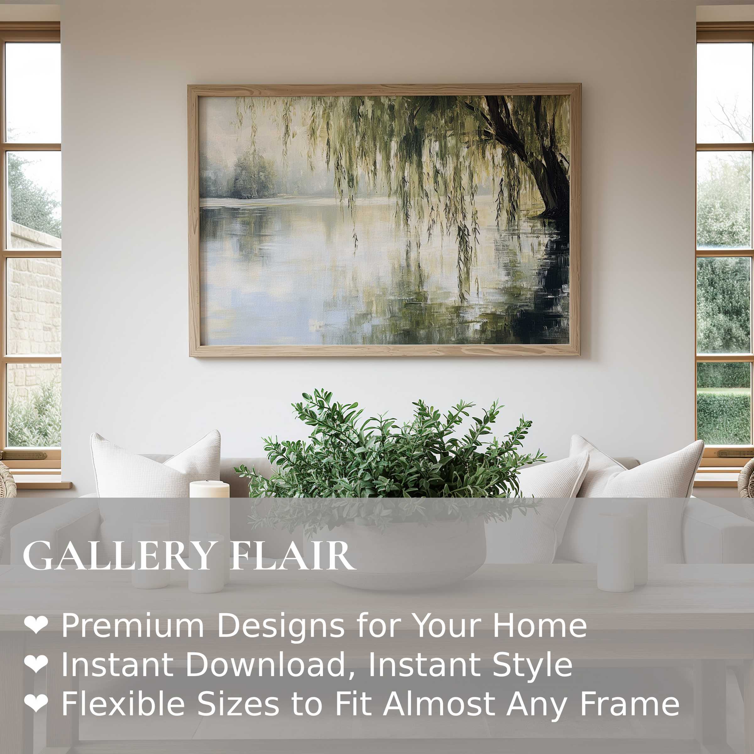 Elegant tree wall art print featuring a serene willow over water, enhancing modern minimalist interiors with calming, nature-inspired charm