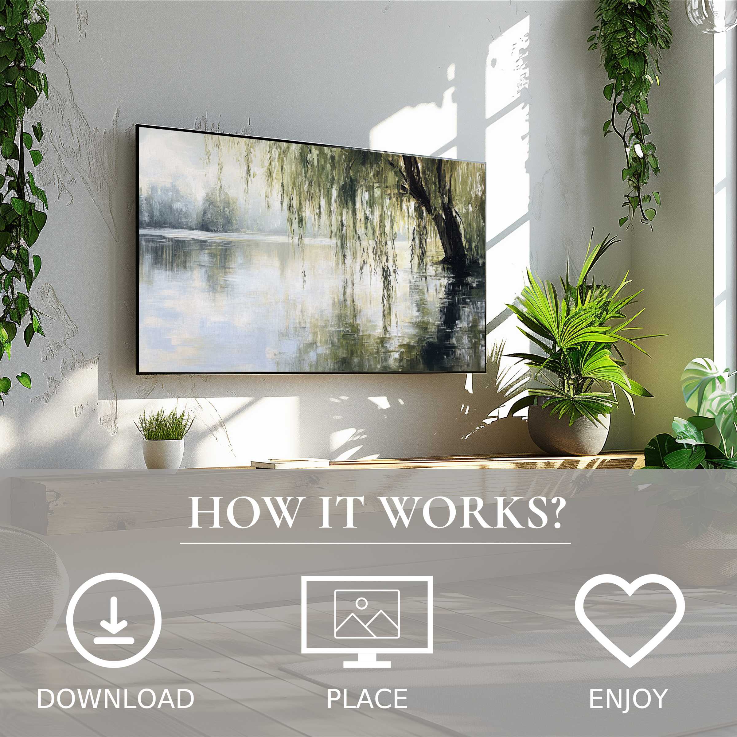 Tree art for Samsung TV shows soft sunset tones with willow motif; easy digital download enriches modern living spaces