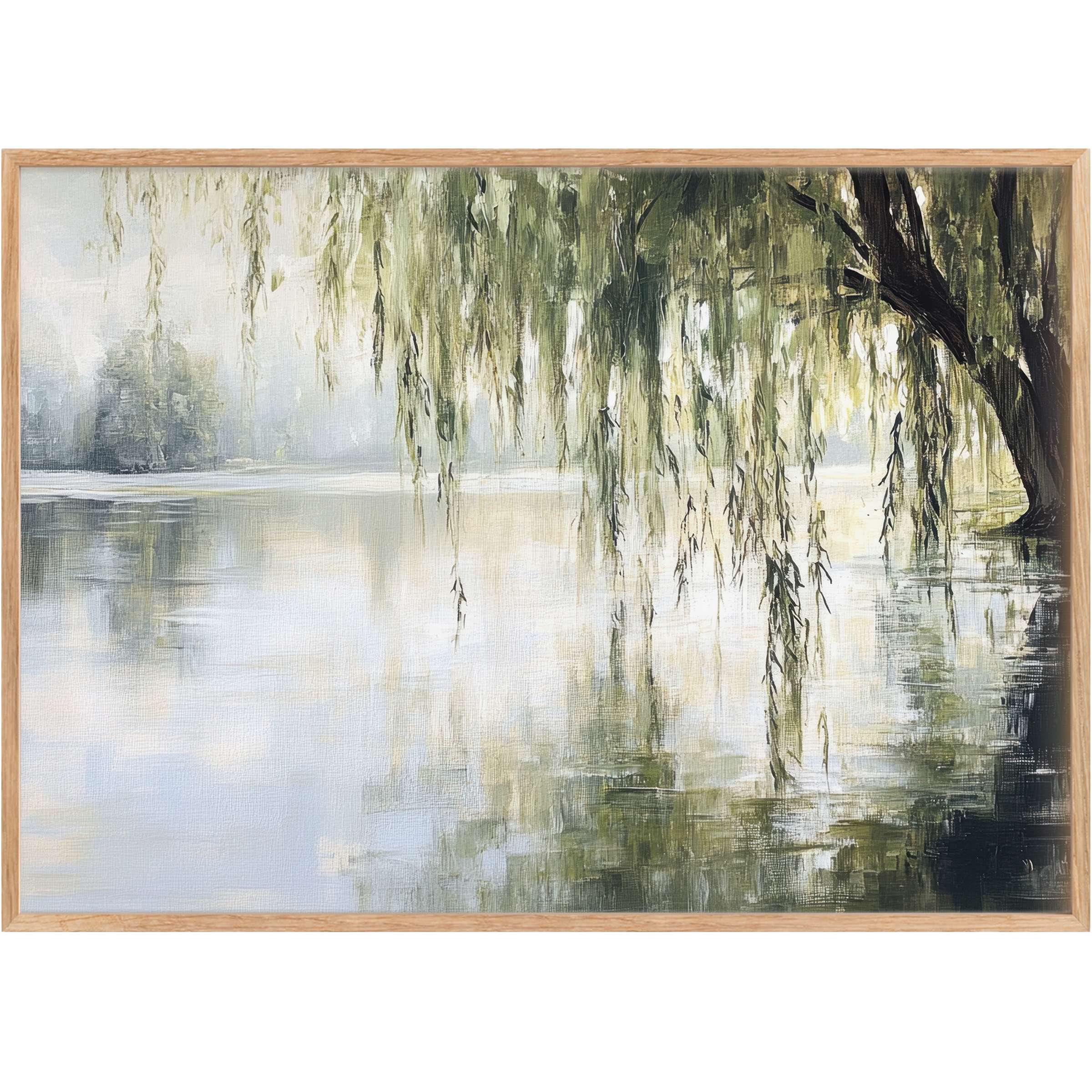 Serene tree printable wall art with cascading willow branches in muted greens and soft blues, evoking tranquil elegance and calm