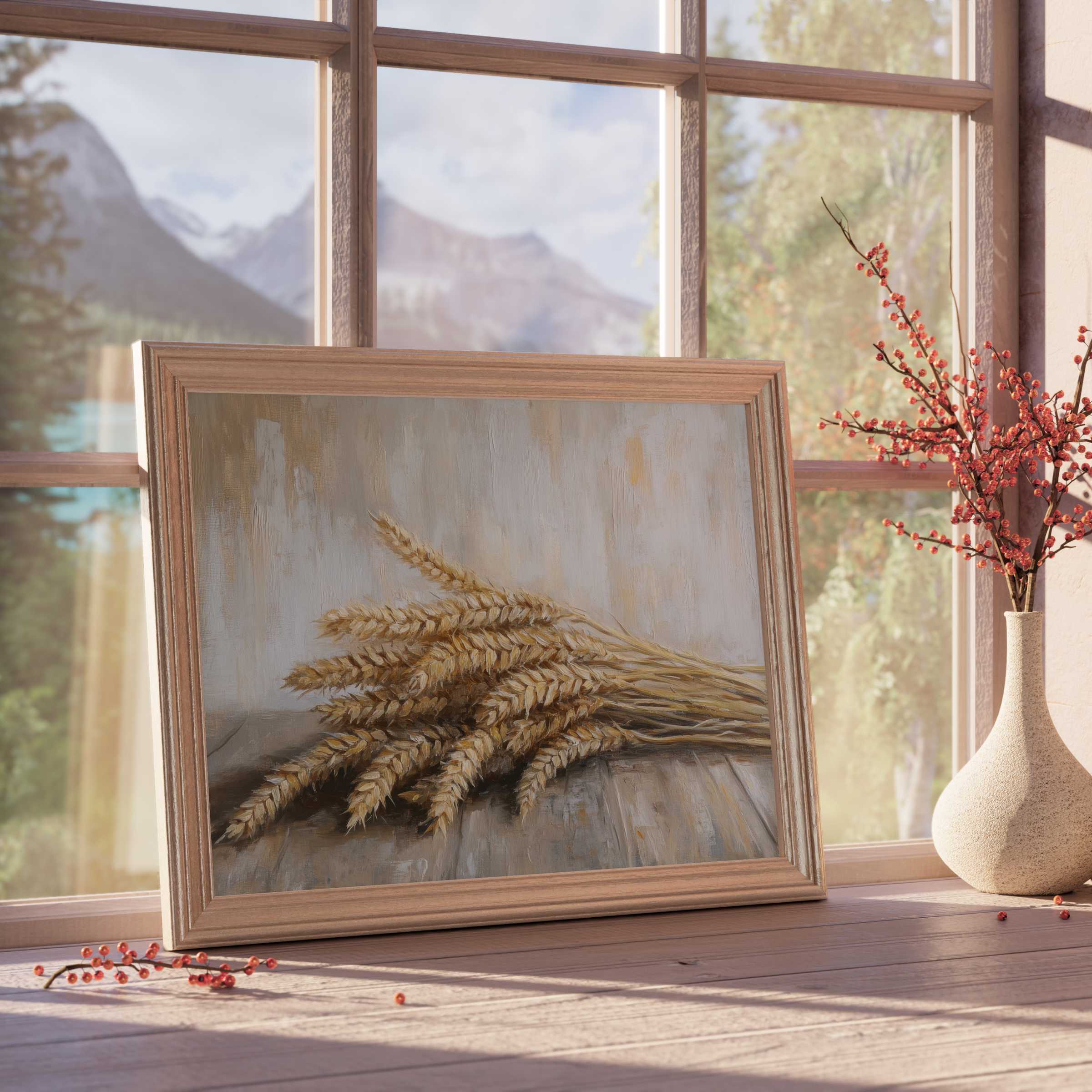 Farmhouse downloadable art featuring a soft wheat sheaf in warm tones, elevating tranquil, curated rustic interiors