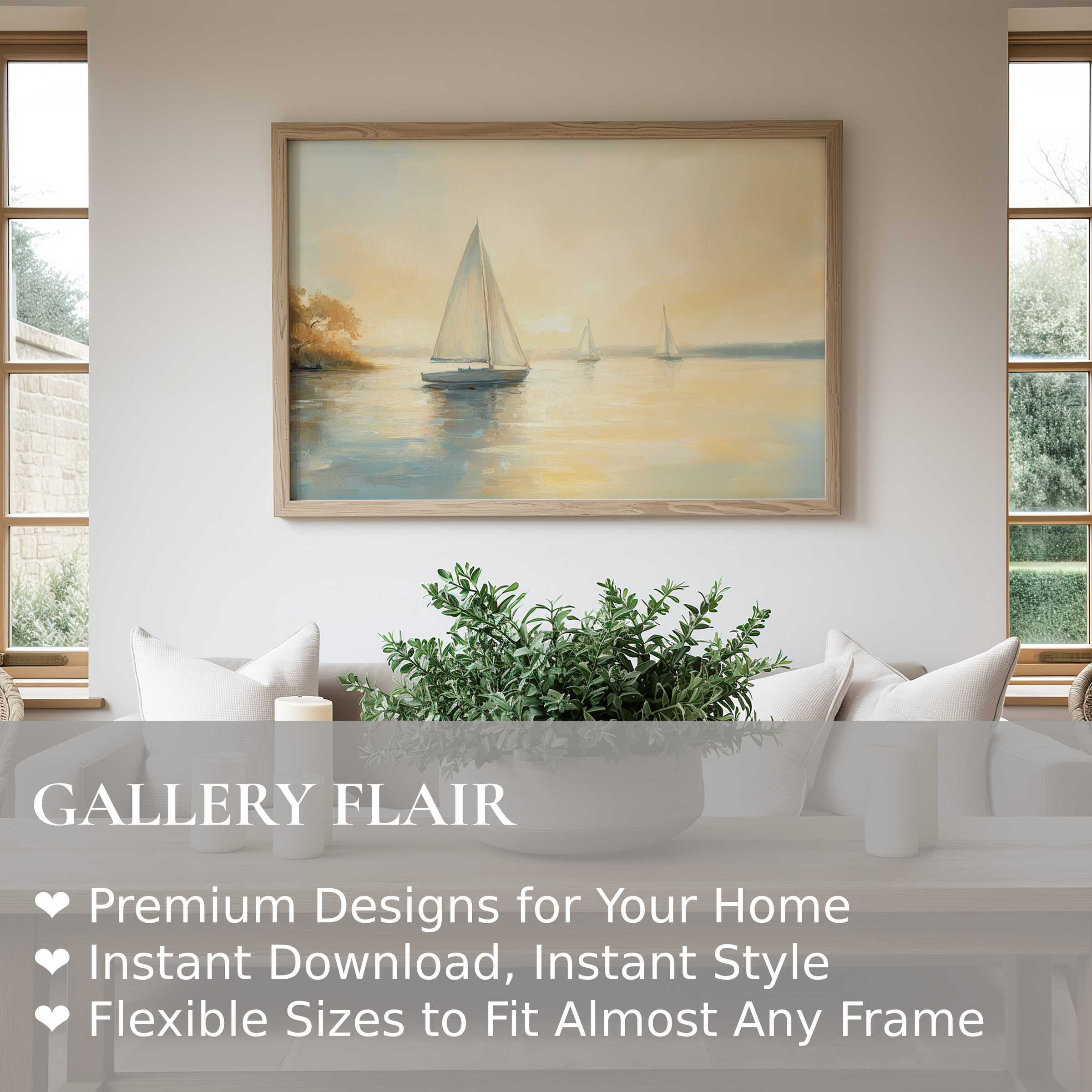Coastal wall art print featuring serene sailboats at sunset, enhancing modern minimalist interiors with soft, calming elegance