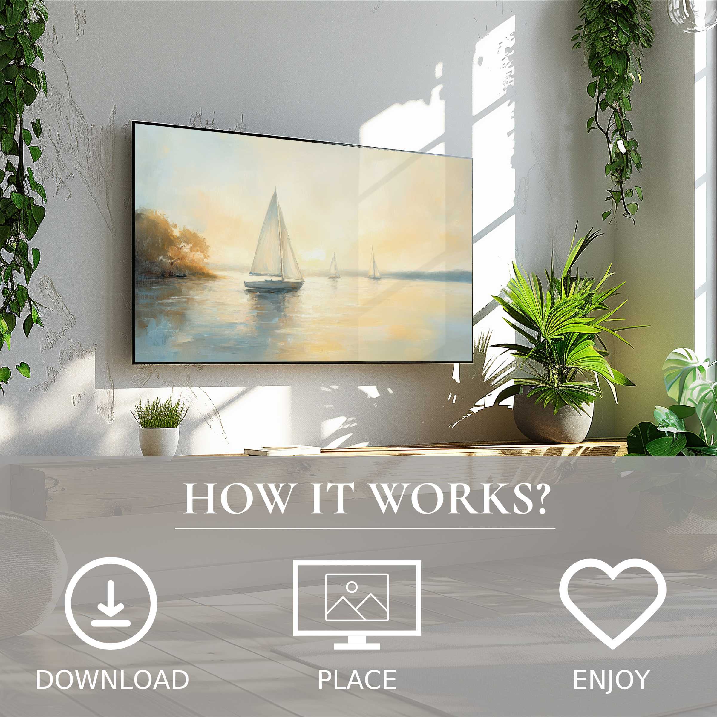 Coastal art for Samsung TV with soft sunset tones, easy digital download enriches modern living spaces