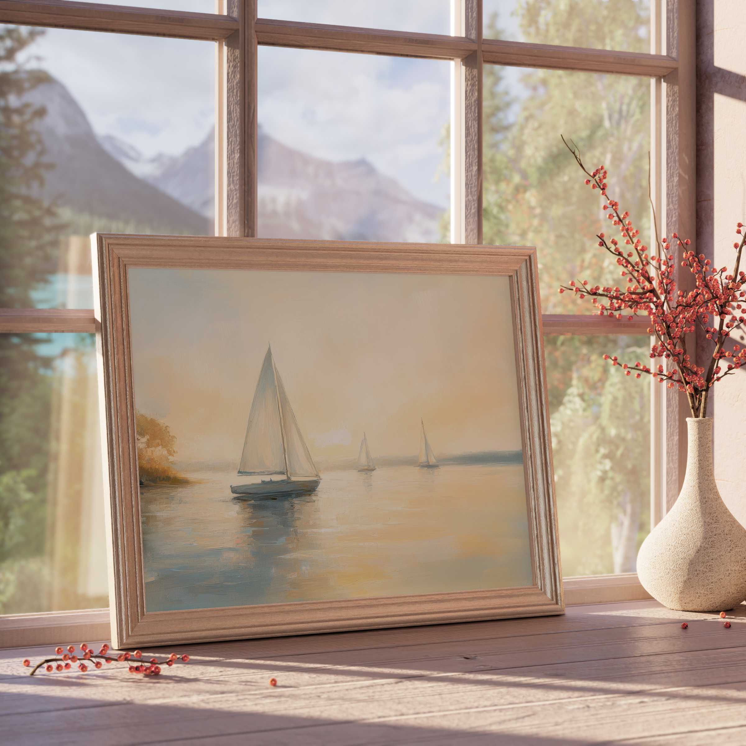 Coastal downloadable art capturing serene sailboats at dusk, enriching tranquil, curated interiors with timeless seaside charm