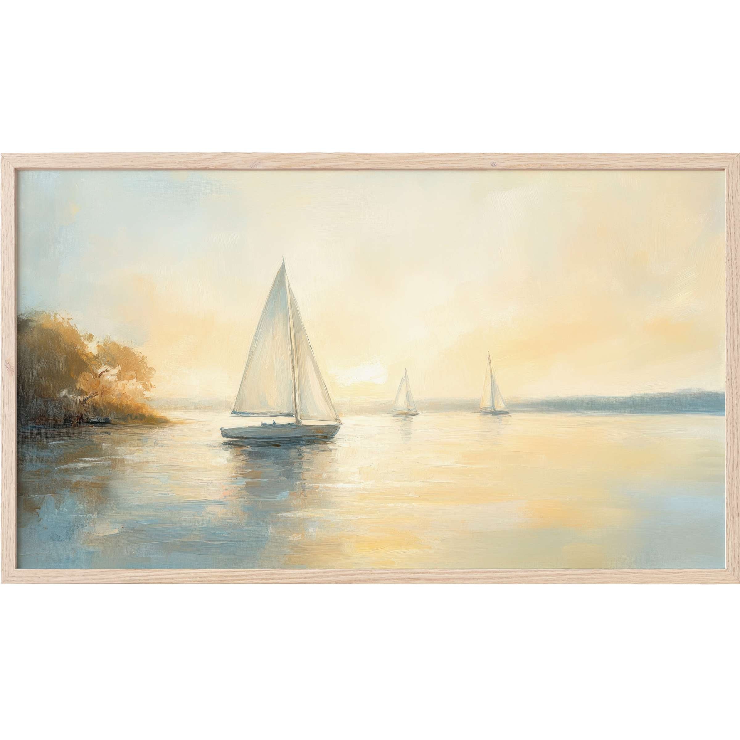 Serene sailboats at sunset in soft blues and warm golds, elegant coastal Frame TV Art for refined interiors