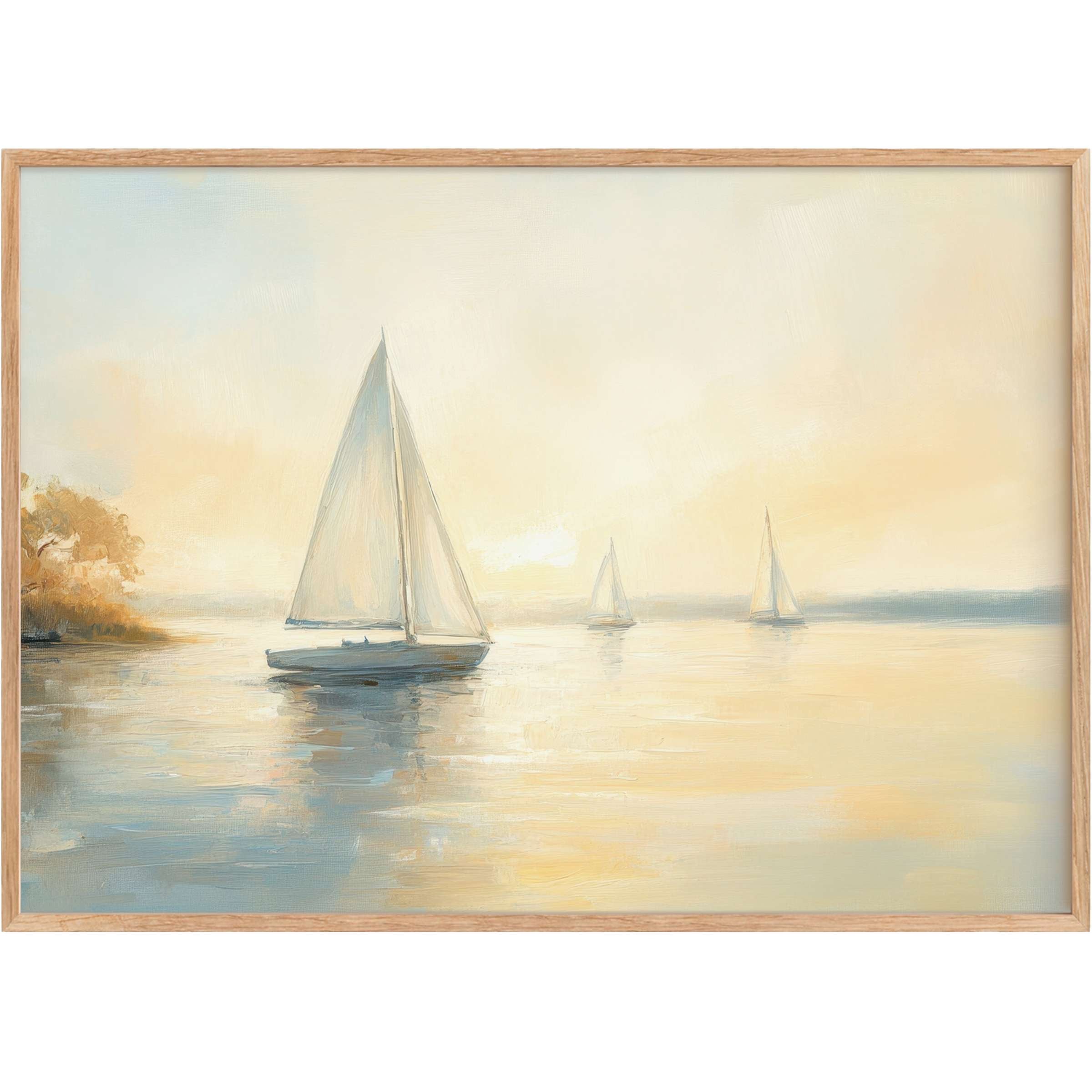 Coastal printable wall art capturing serene sailboats at sunset, blending soft blues and warm golds for a calming, elegant ambiance