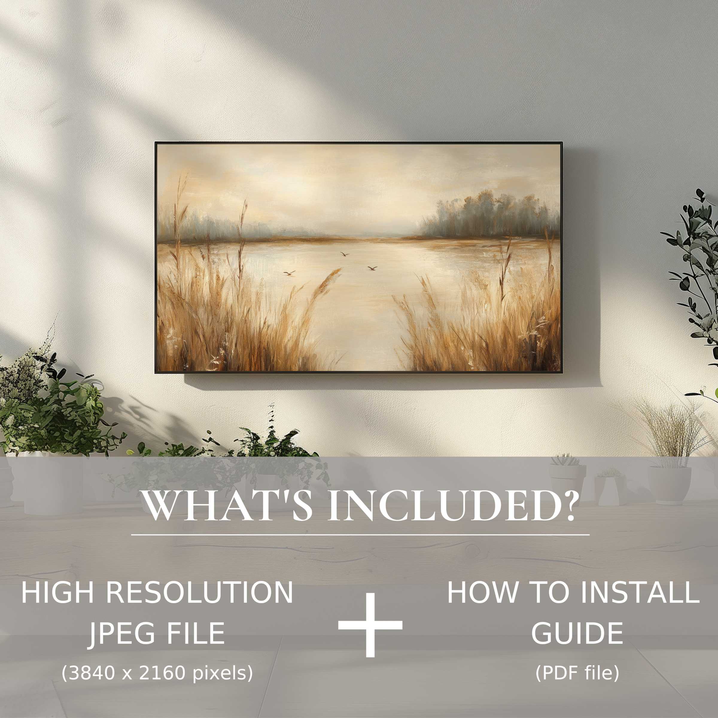 Elegant vintage digital TV art download with serene landscape, easy digital use, enhancing stylish living spaces effortlessly