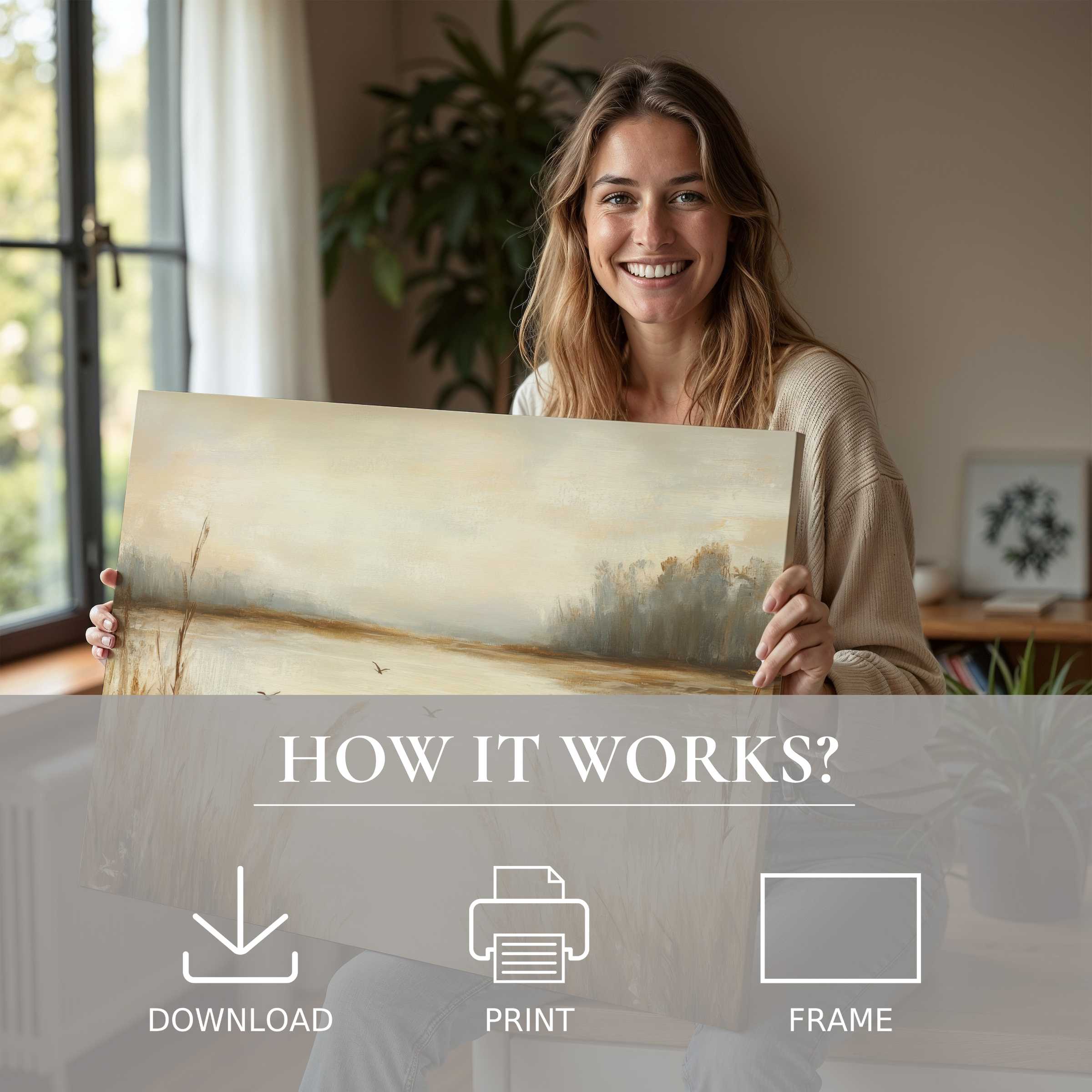 A joyful moment in a modern home celebrating the effortless elegance of a vintage digital art print, inviting serenity and warmth