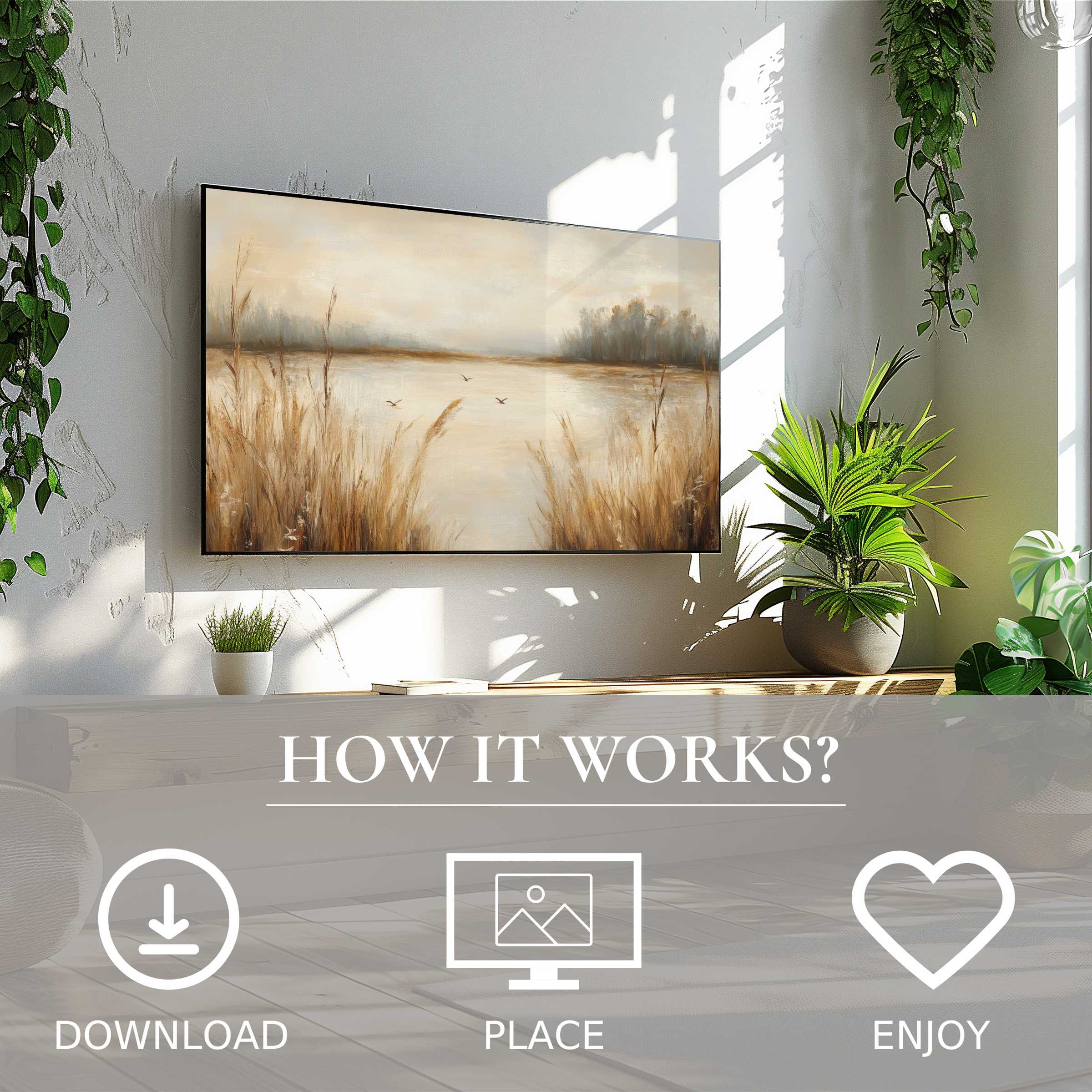 Vintage art for Samsung TV showing soft sunset tones with reeds, easy digital download enriching modern living spaces
