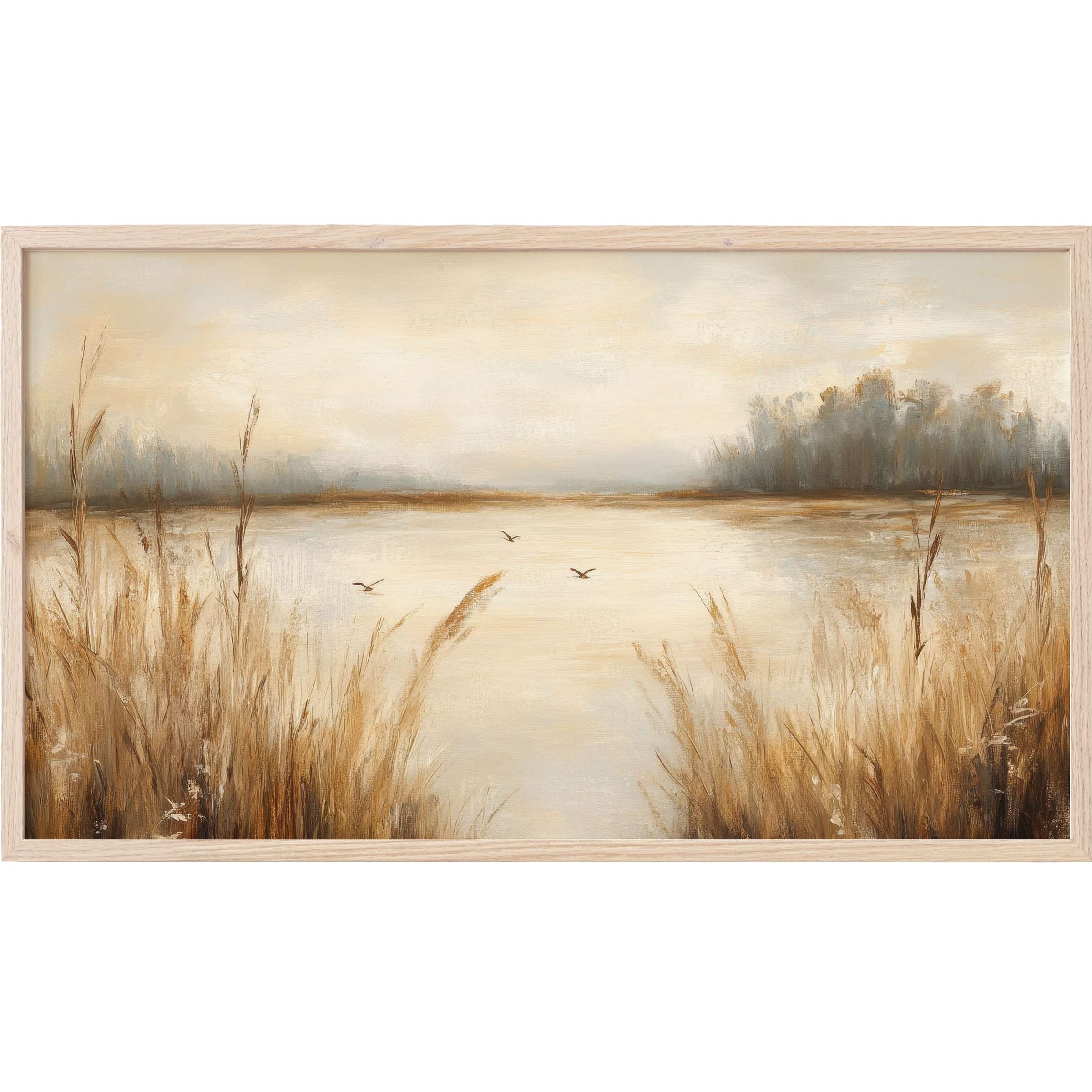 Serene lakeside scene in muted earth tones with soft brushstrokes, perfect vintage Frame TV Art for refined spaces