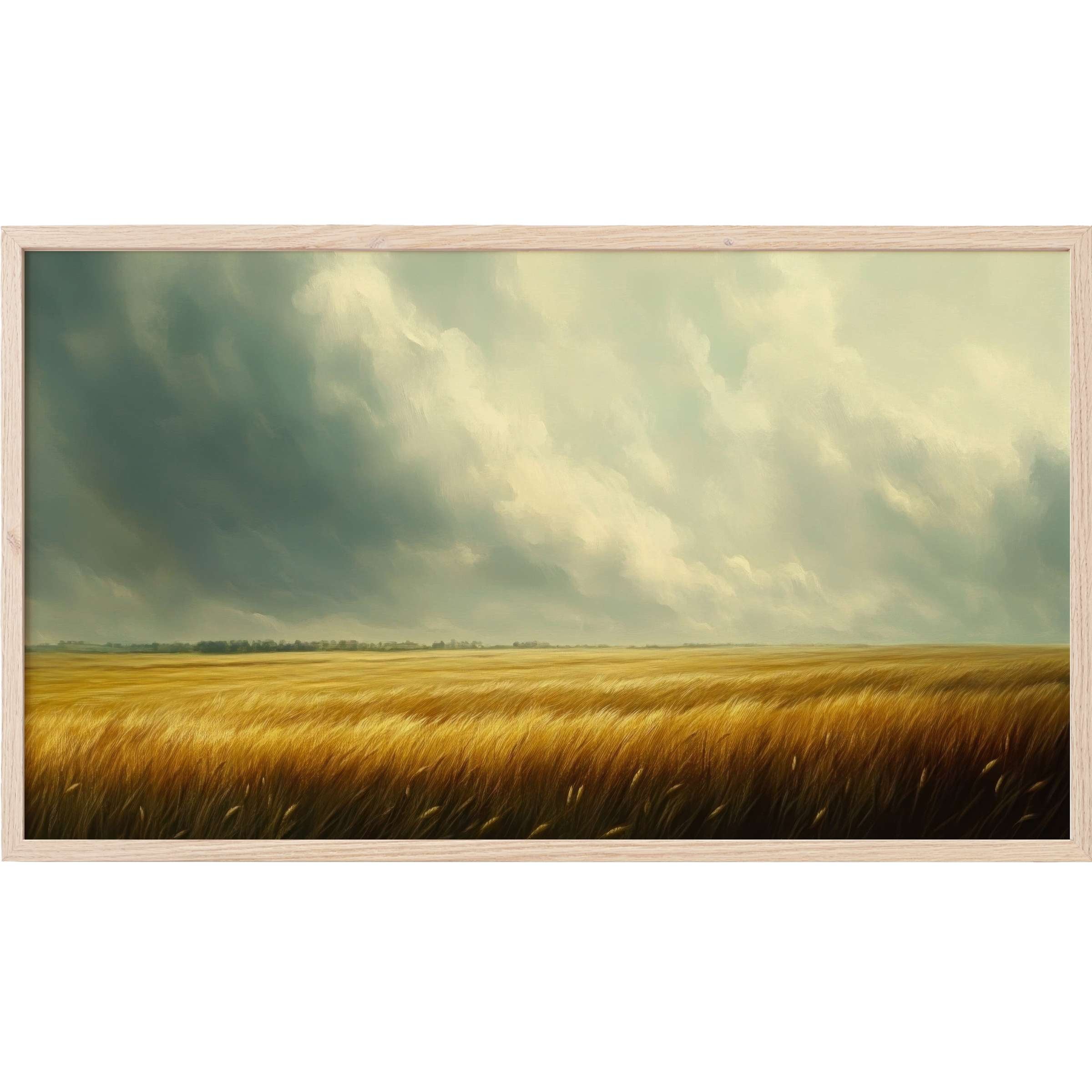 Golden wheat field under dramatic gray clouds in soft, painterly tones, perfect landscape Frame TV Art