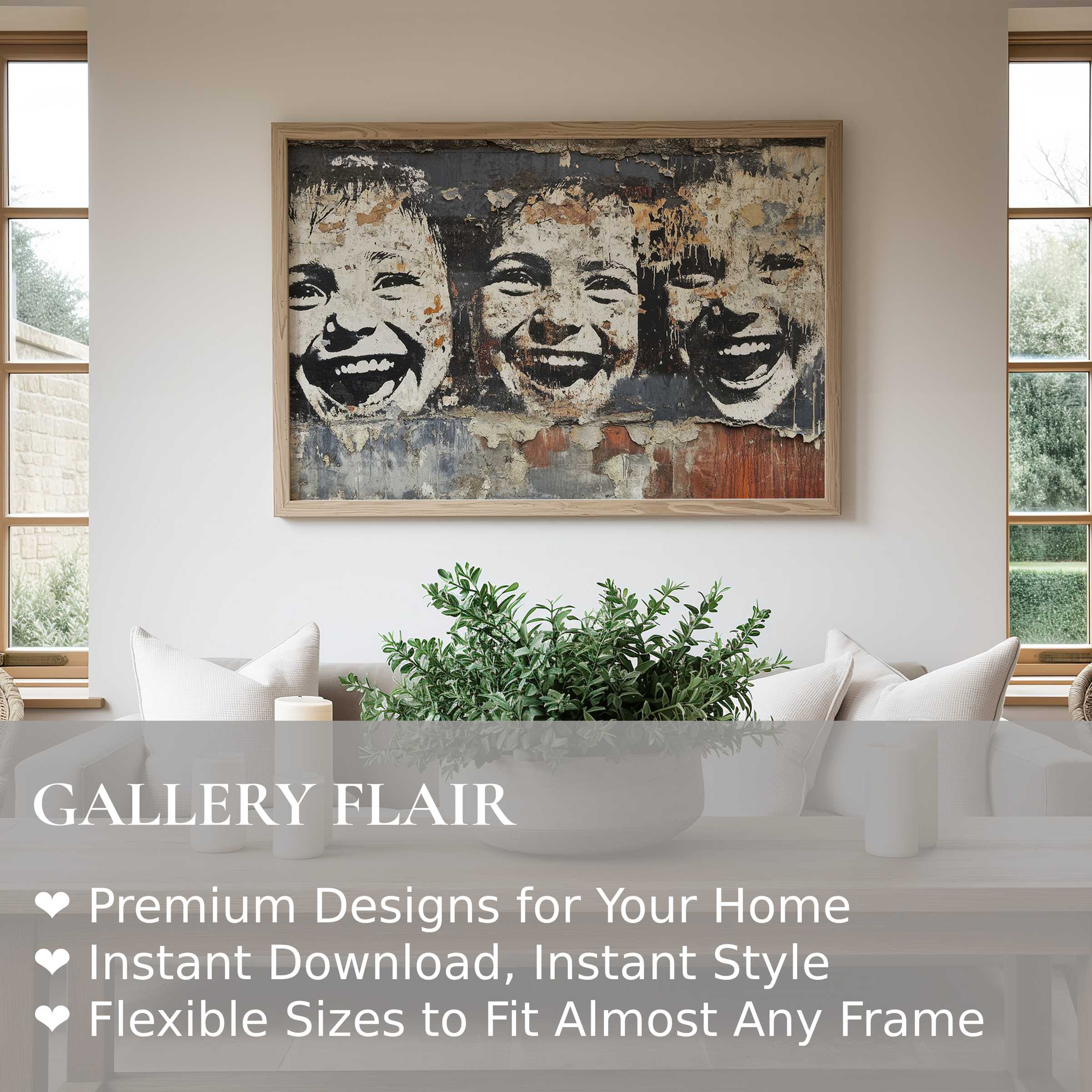 Street art wall art print featuring joyful faces in a textured, urban style, enriching a modern minimalist living room with bold, vibrant energy