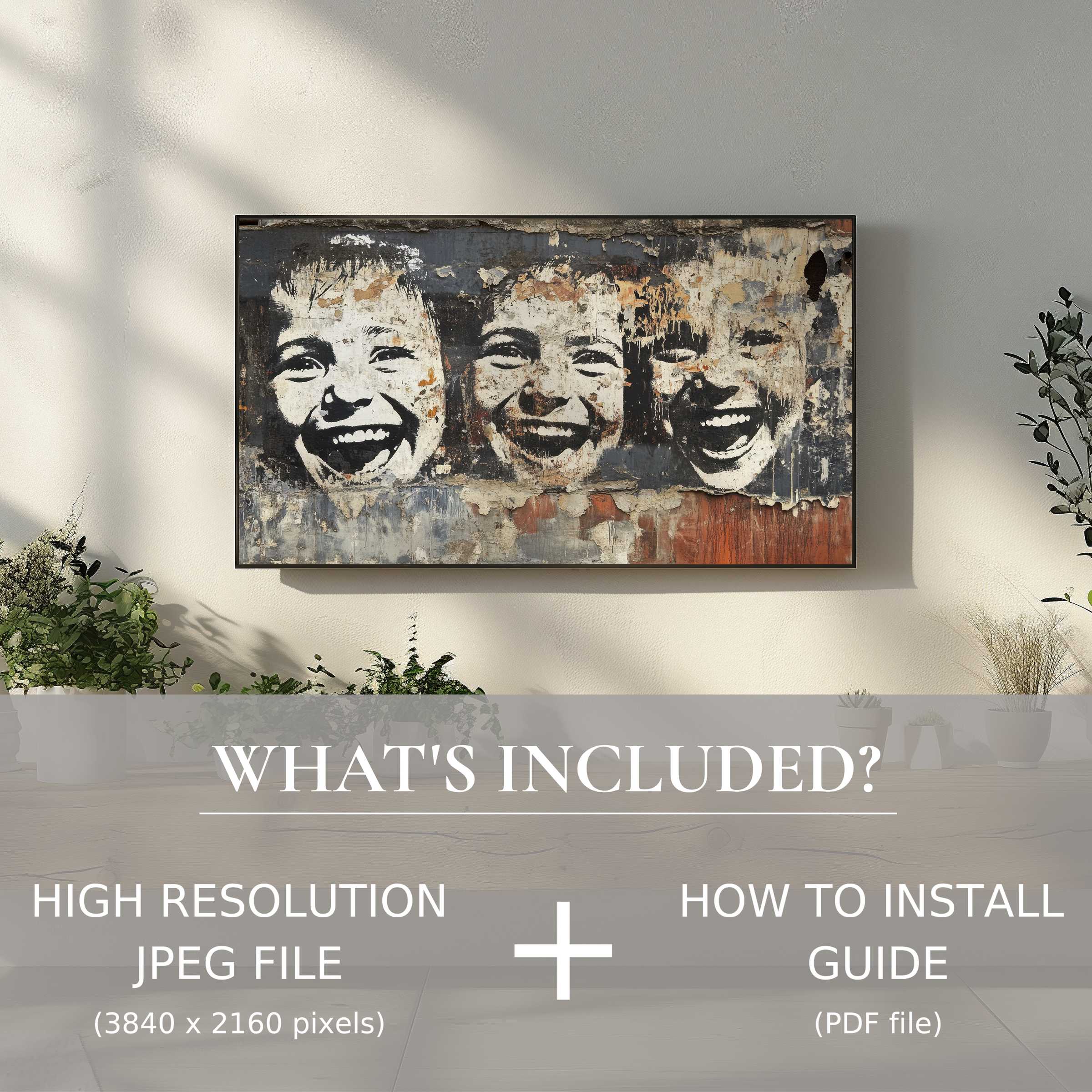Elegant street art digital TV art download, easy digital use enhances modern living space with joyful mural faces