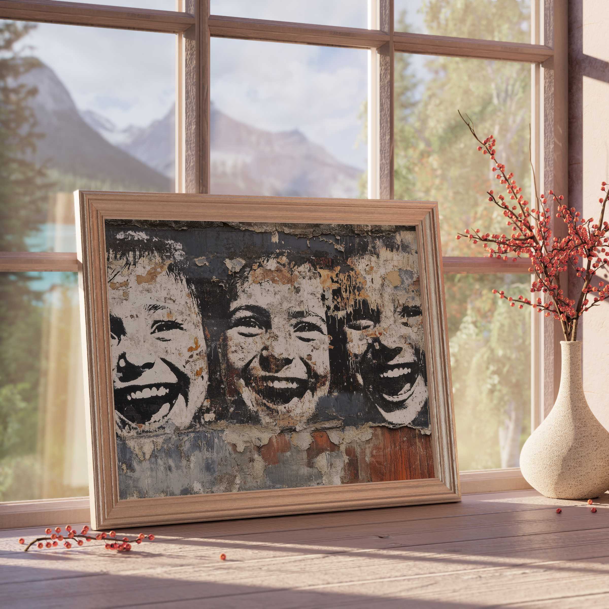 Vibrant street art downloadable art capturing joyful faces, enriching curated interiors with textured authenticity and warm natural light