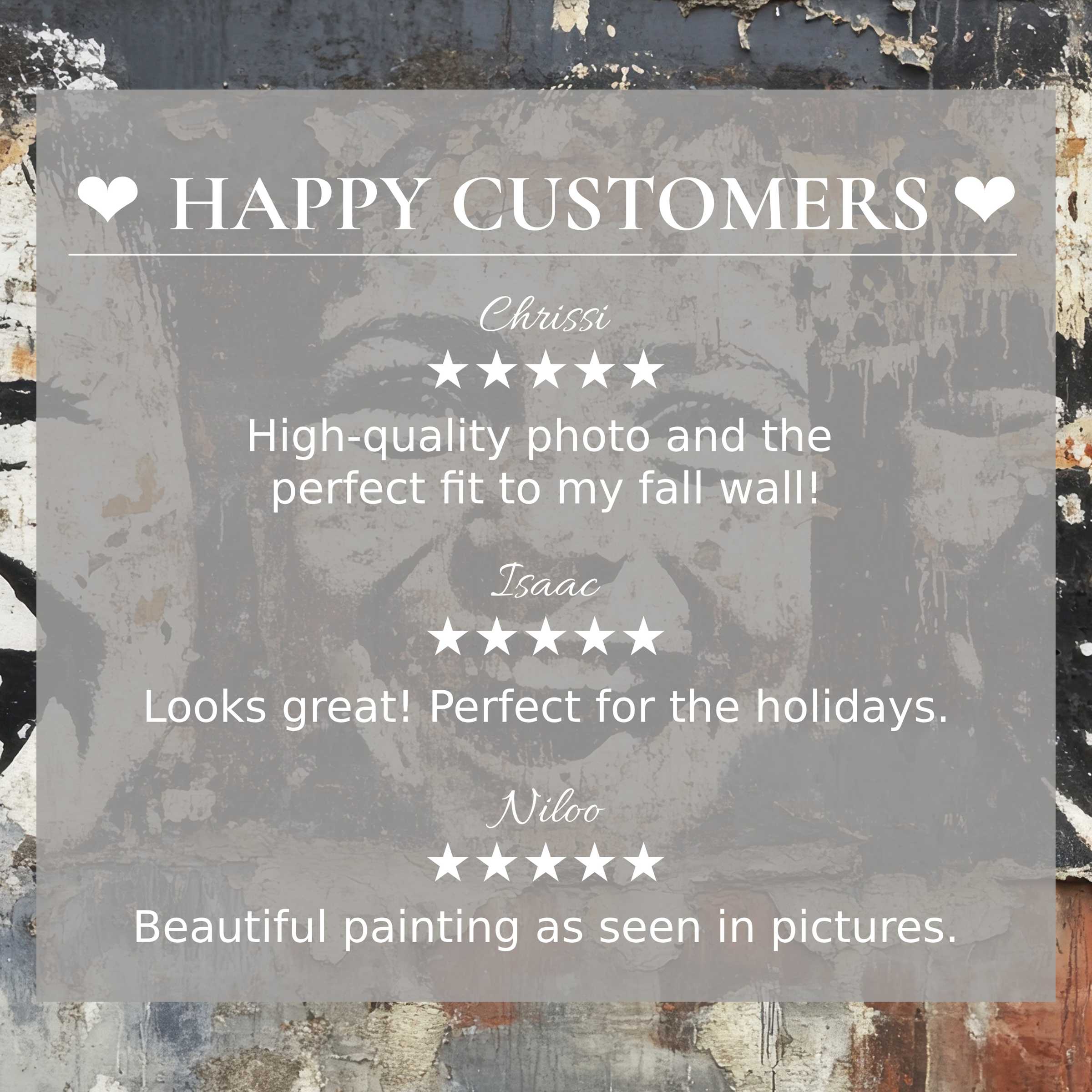 Positive reviews from happy customers highlight street art for Frame TV with rustic textured background enhancing trust