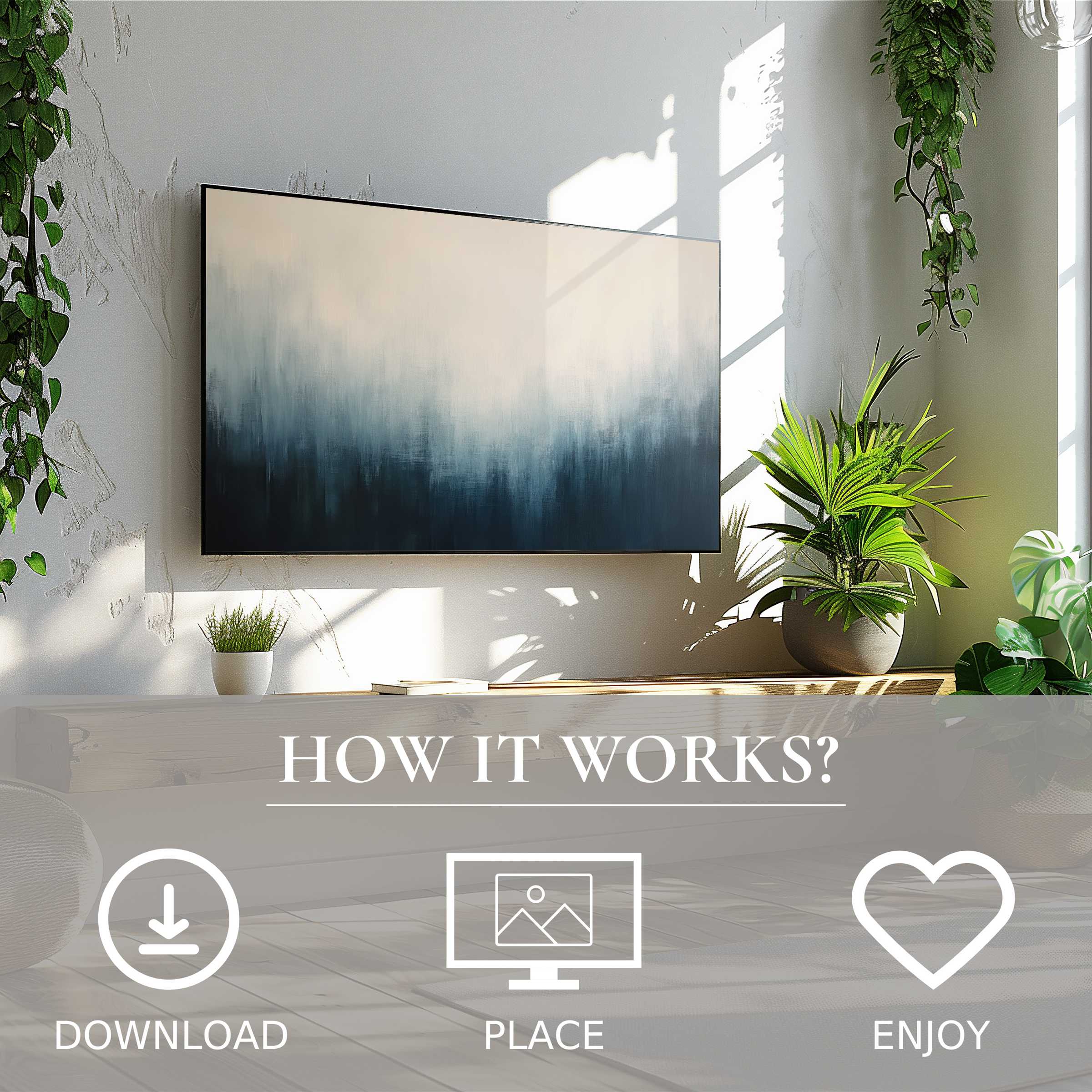 Modern art for Samsung TV with calming blue gradient motif, easy digital download to enrich your stylish living space