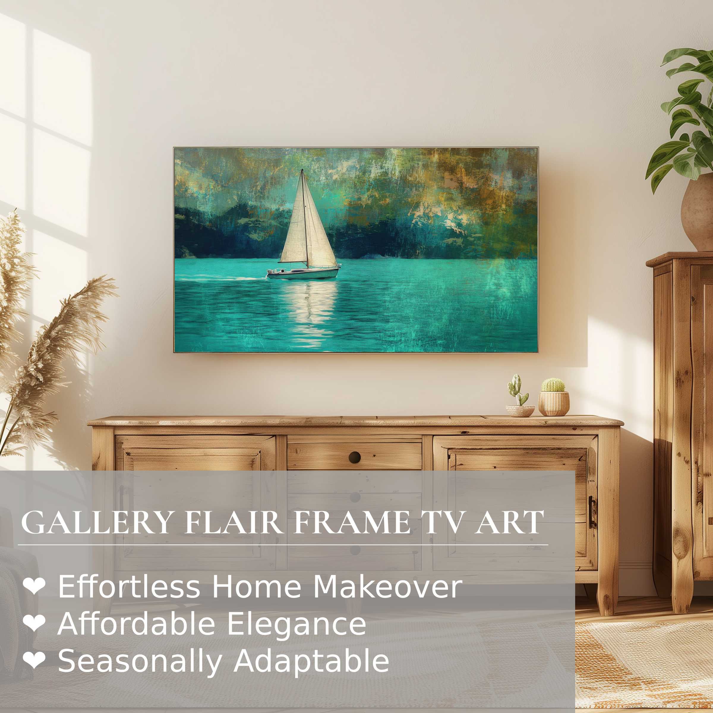 Samsung Frame TV displays serene summer digital artwork of a sailboat on turquoise waters in a modern setting