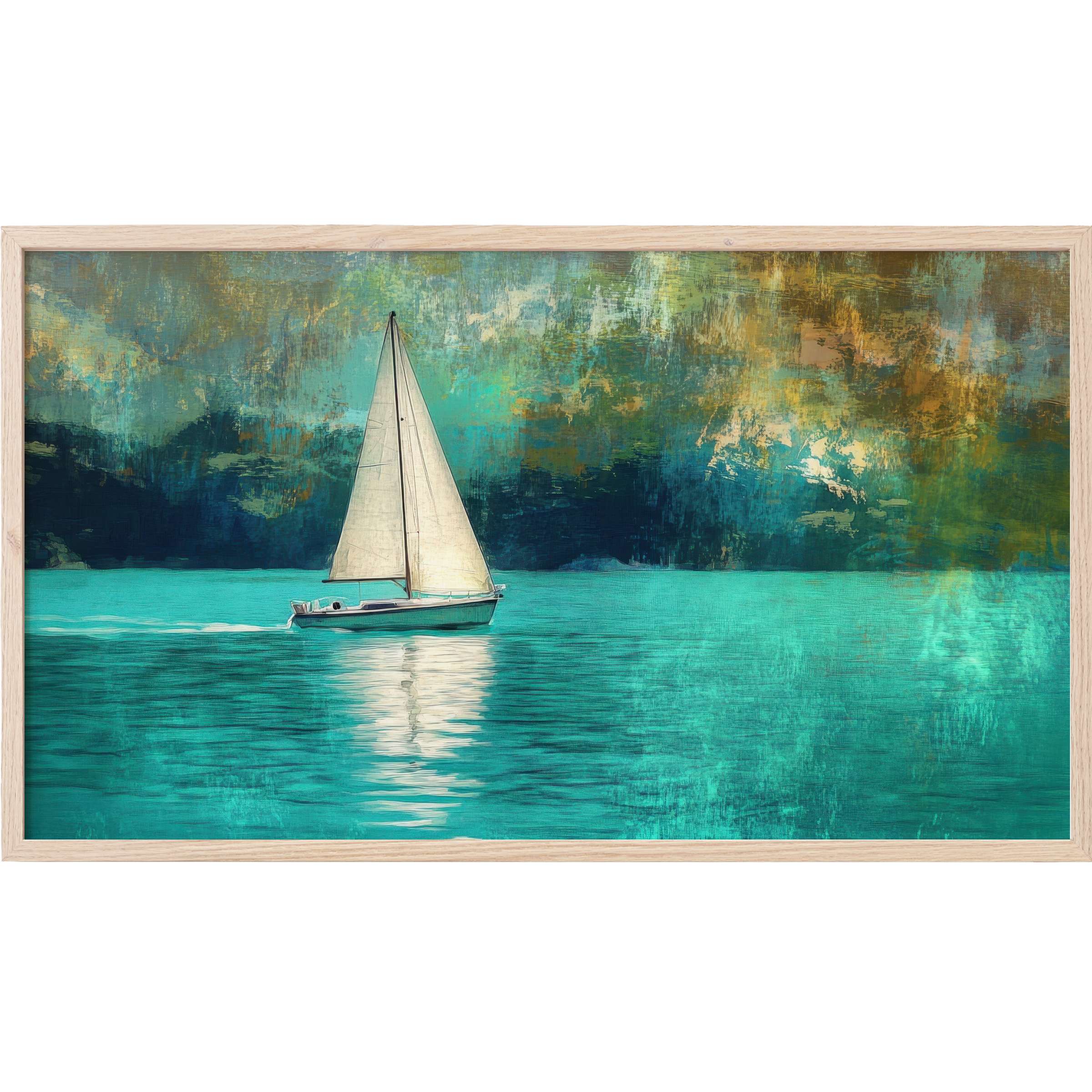 Elegant sailboat glides on turquoise waters beneath a textured sky of gold and teal hues, summer Frame TV Art