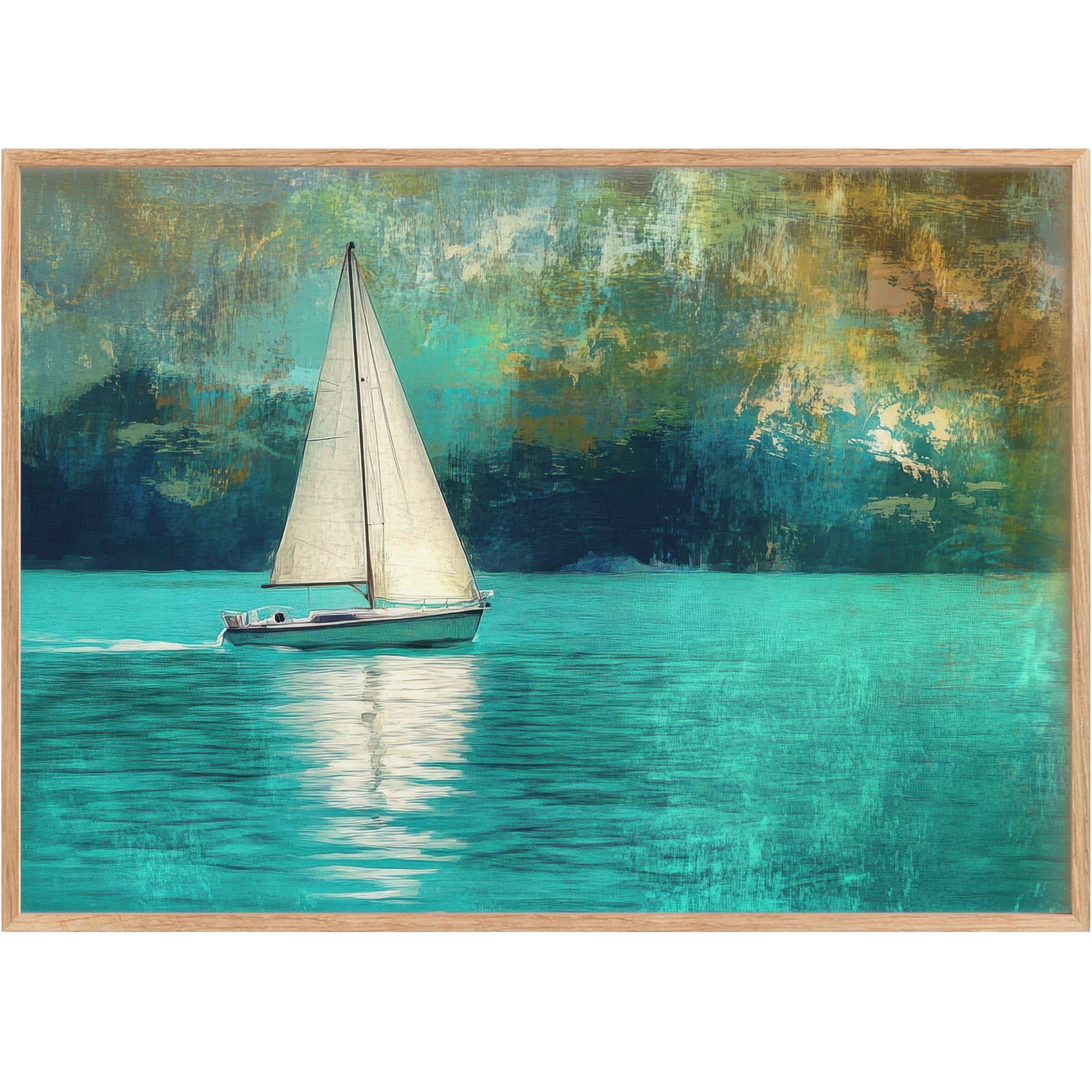 Serene sailboat gliding on turquoise waters, evoking tranquil elegance with this summer printable wall art