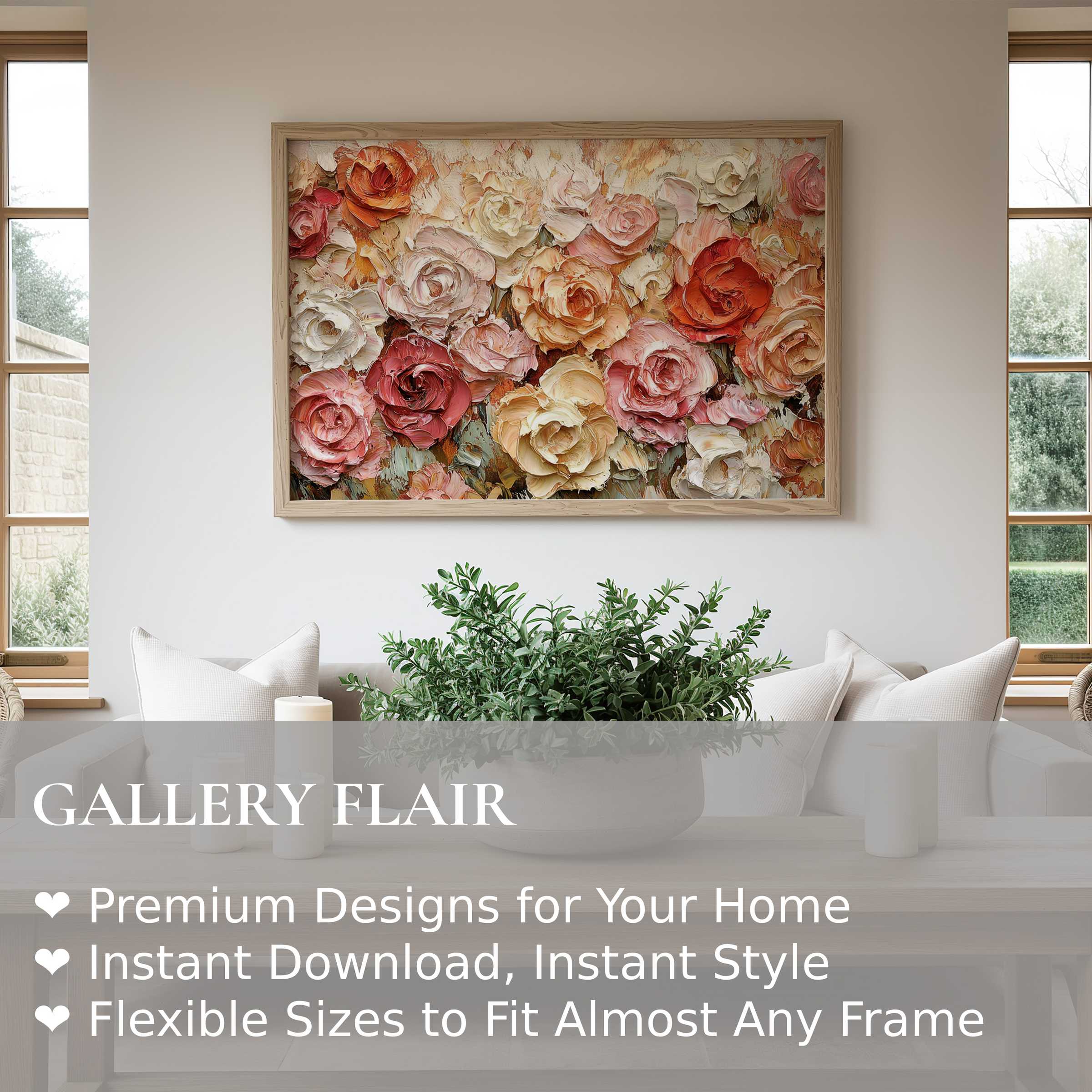 Floral wall art print featuring textured roses in warm tones, radiating soft elegance and enriching a modern minimalist living space with natural charm
