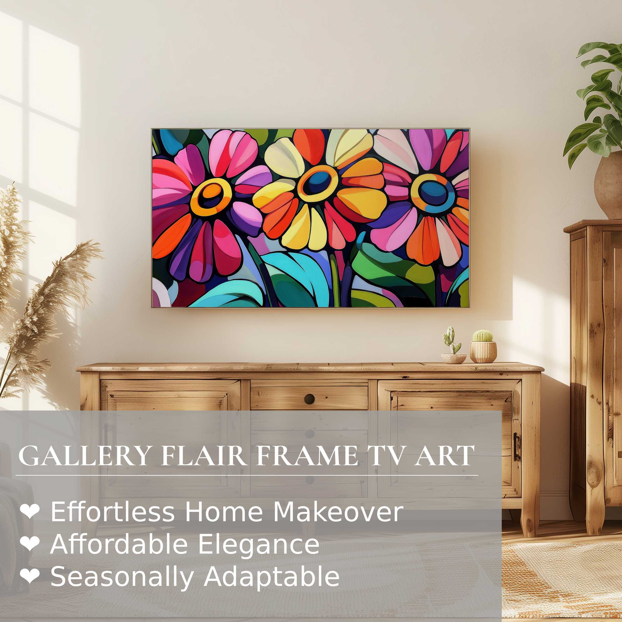 Samsung Frame TV displaying vibrant pop art digital artwork of colorful flowers in a stylish modern living space