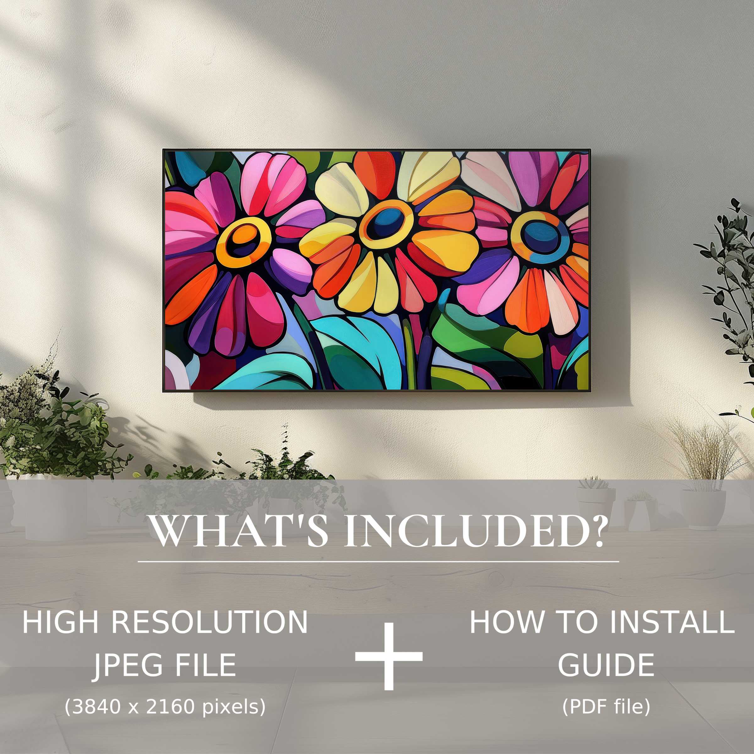 Modern living room with vibrant pop art digital TV art download, easily enhancing your space with simple digital use