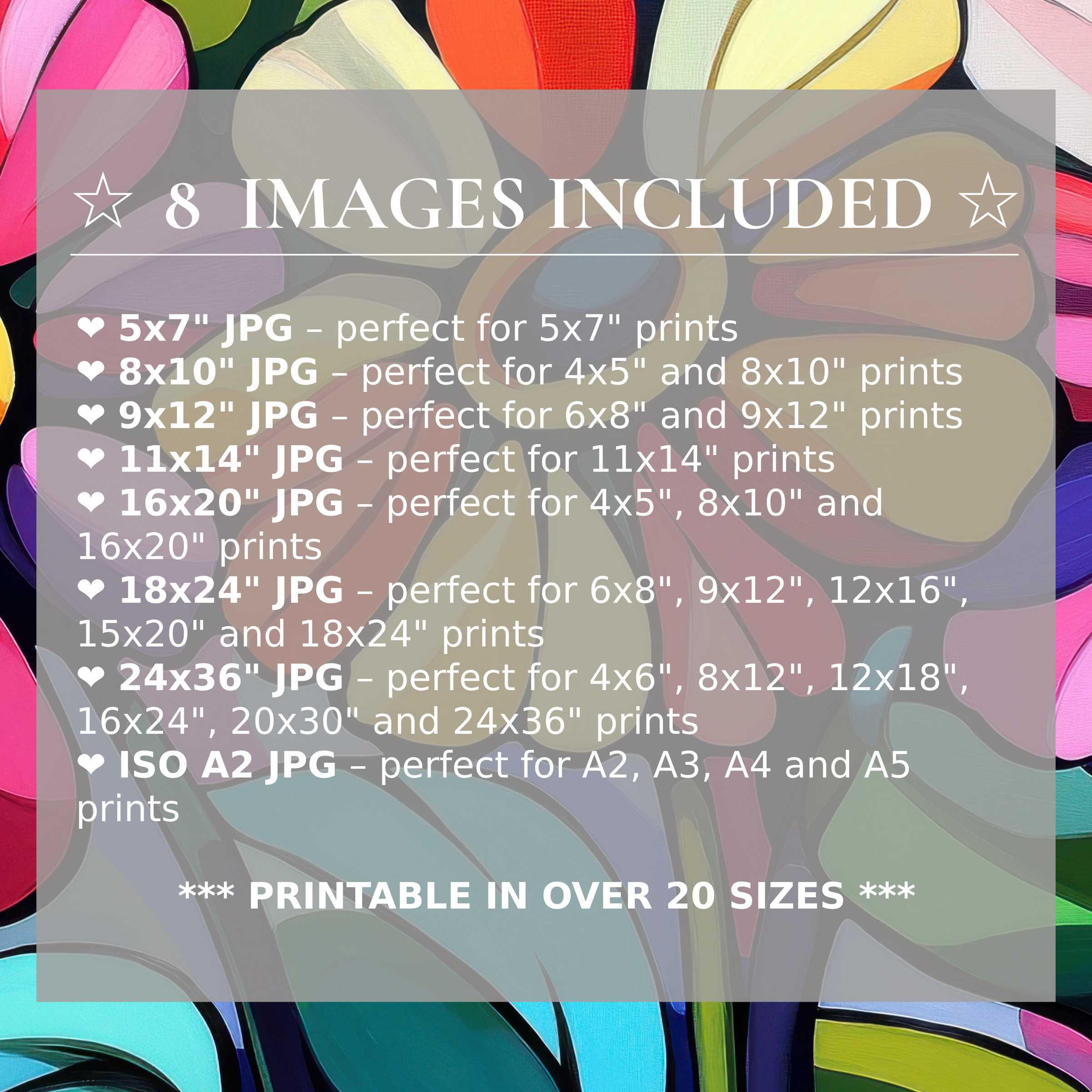 Pop art digital print bursts with radiant hues of pink, orange, and teal, included in 8 high-quality sizes for versatile, stylish modern interiors