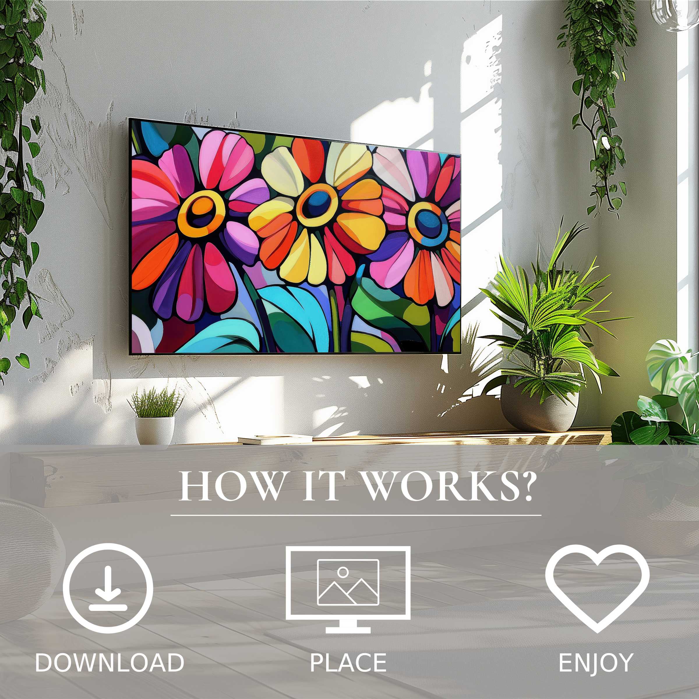 Bright pop art art for Samsung TV with colorful flowers on Frame TV; easy digital download enriches any modern space