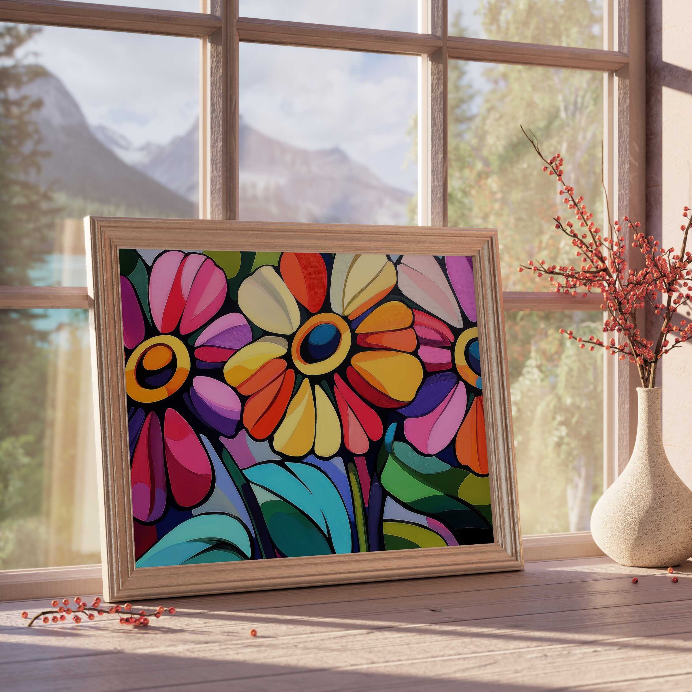 Vibrant pop art downloadable art of bold, colorful flowers bringing joyful energy and curated charm to modern stylish interiors