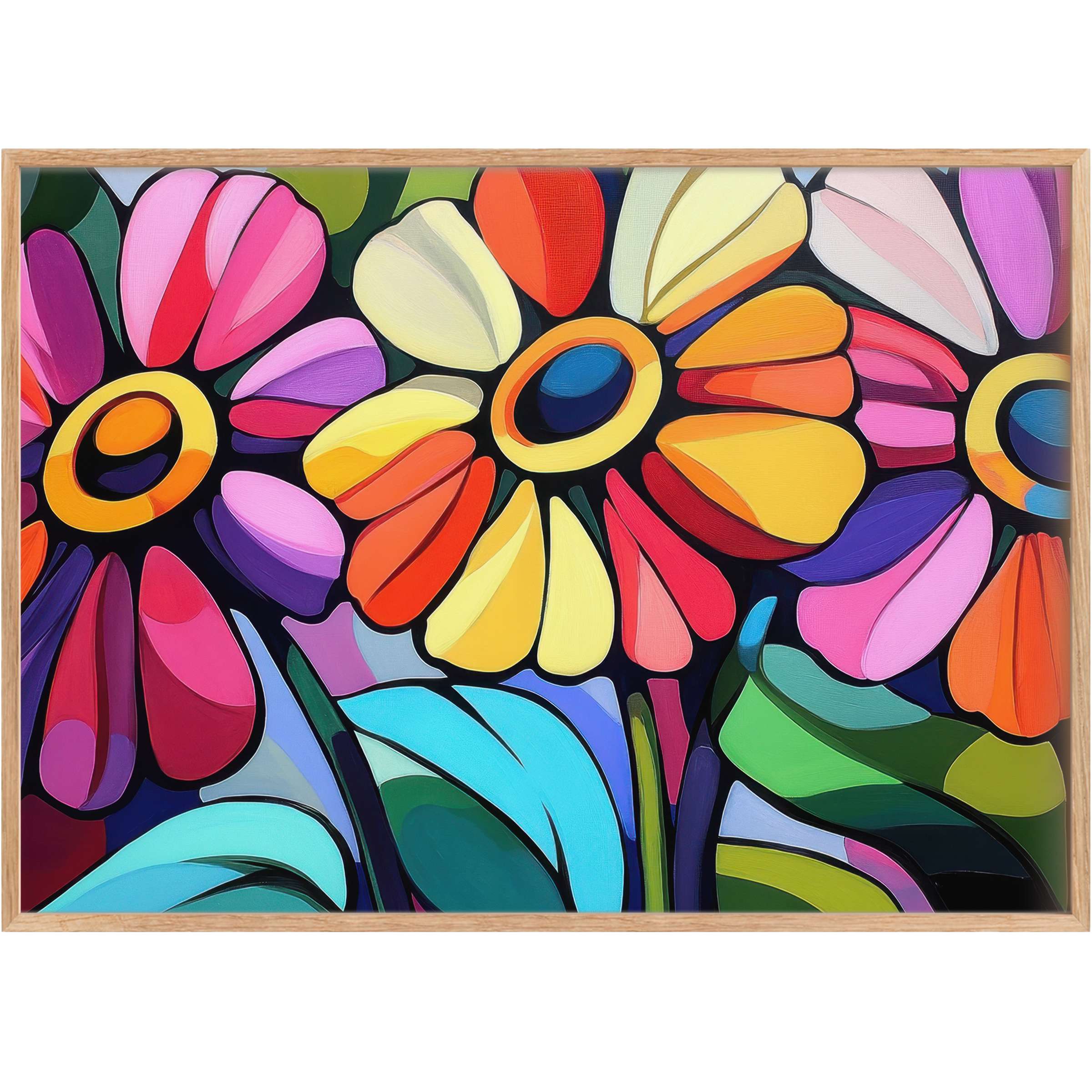 Vibrant pop art printable wall art featuring bold blooms in radiant reds, yellows, and blues, energizing any stylish space