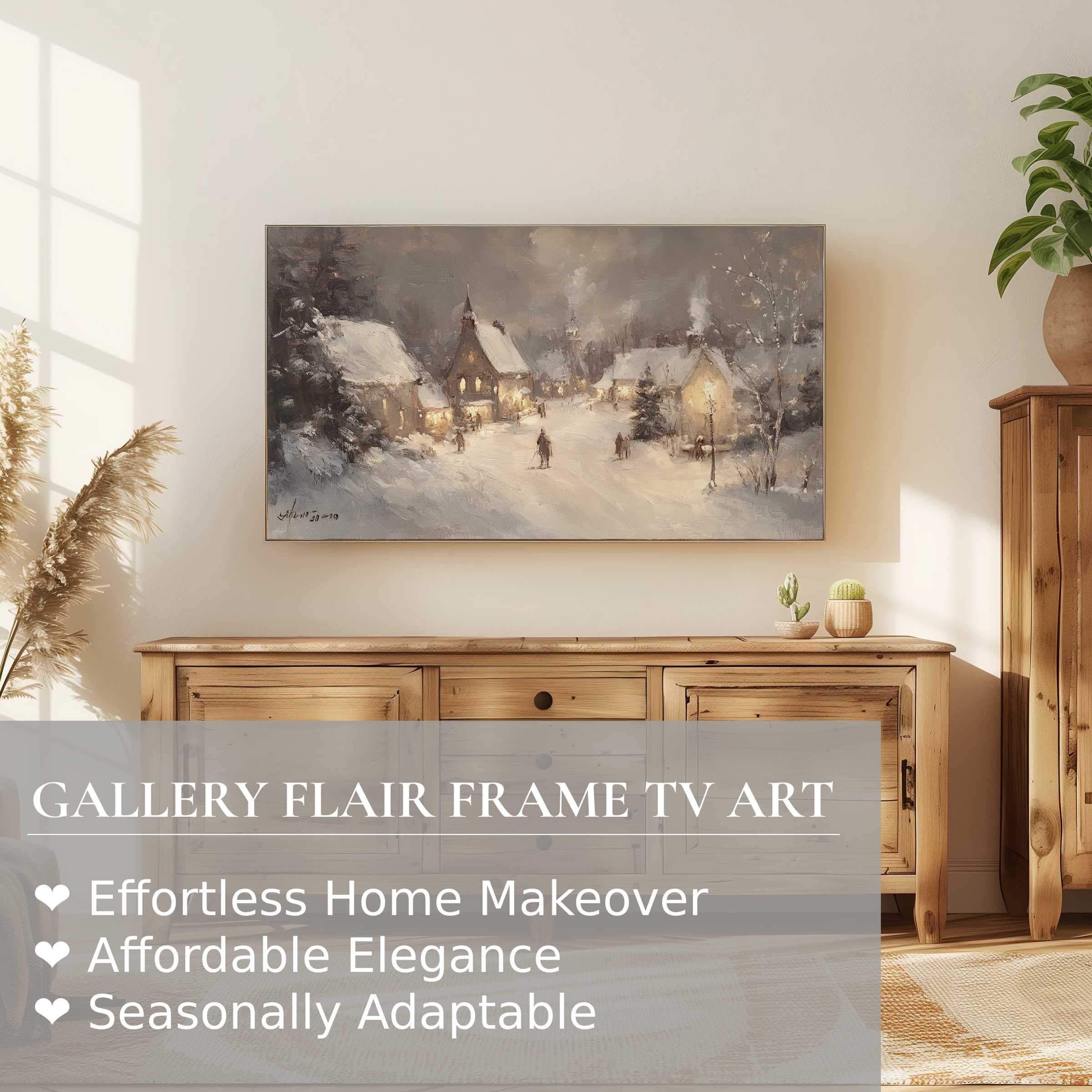 Samsung Frame TV displaying serene christmas digital artwork in a warm, elegant rustic living room setting