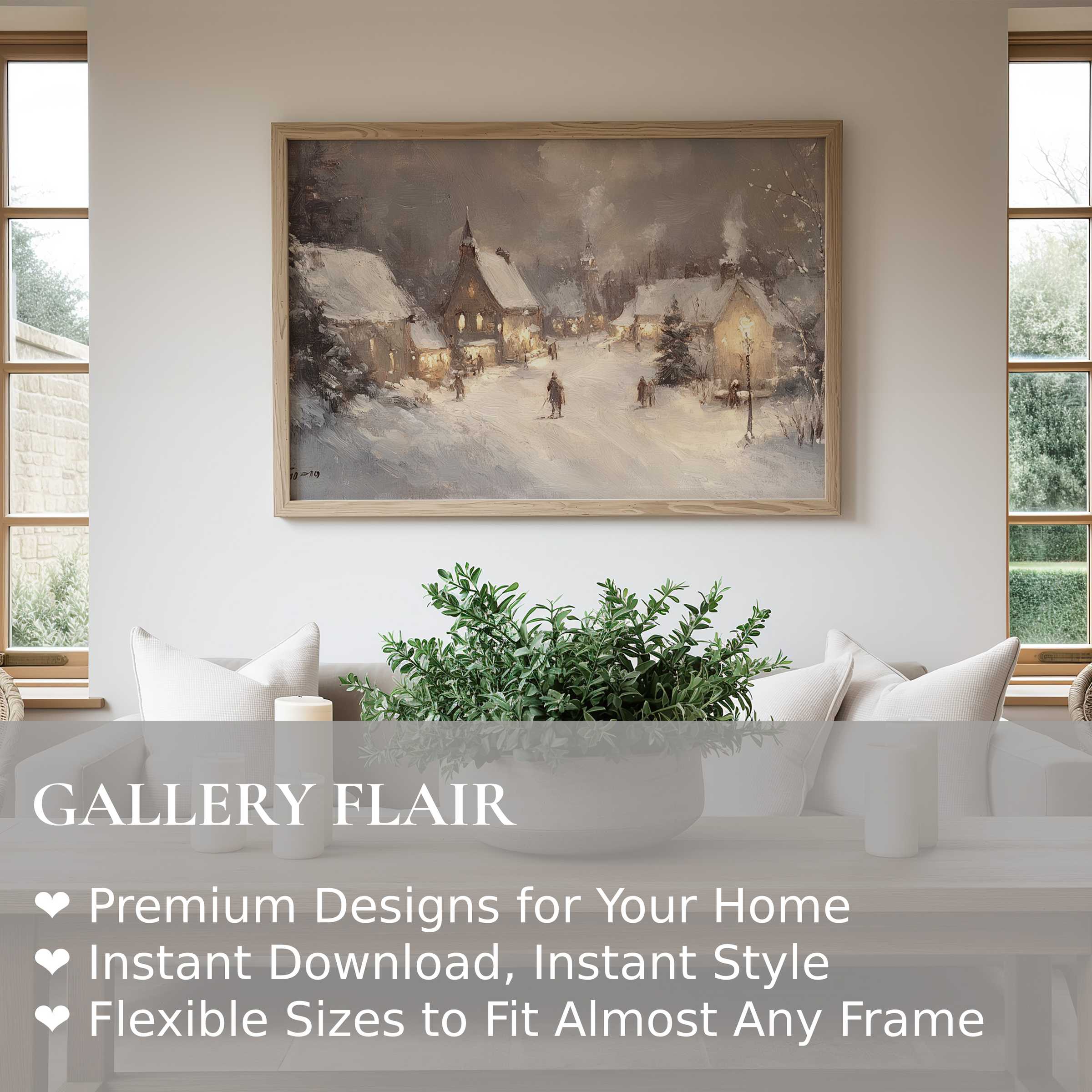 Christmas wall art print capturing a serene, snowy village scene with warm lights, enhancing cozy modern farmhouse interiors