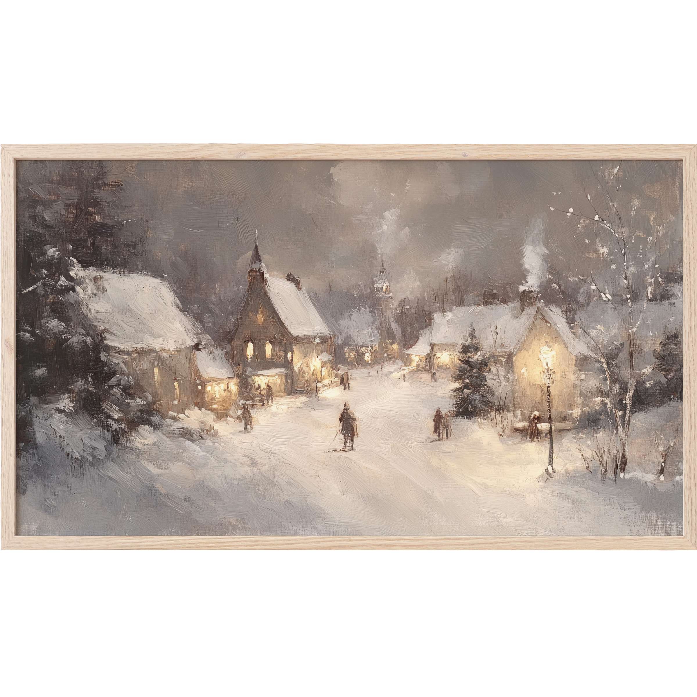 Softly lit snowy village in muted greys and warm yellows, an elegant christmas Frame TV Art for cozy modern homes