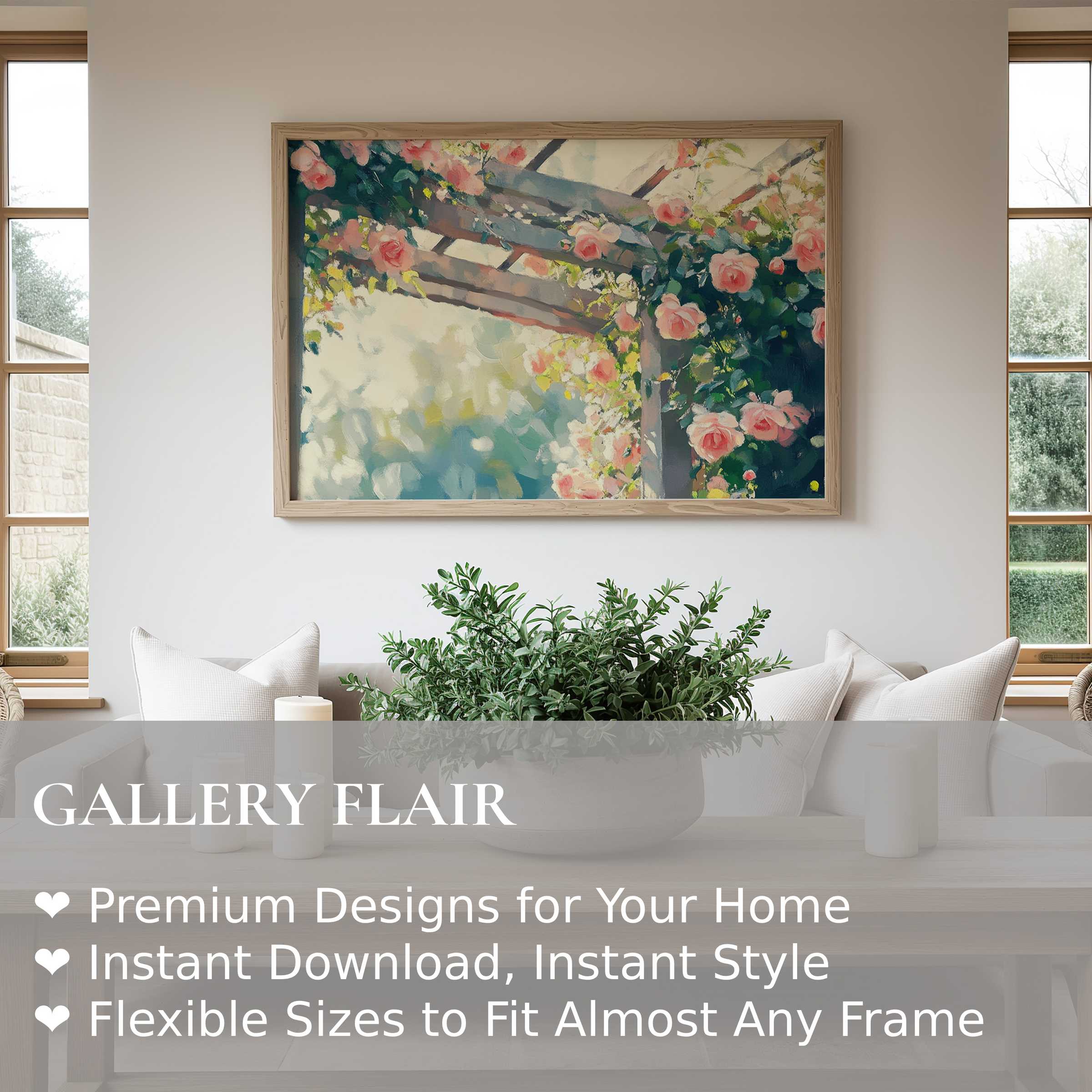Spring wall art print featuring radiant pink roses on a rustic pergola, enhancing serene modern farmhouse interiors with soft, botanical elegance