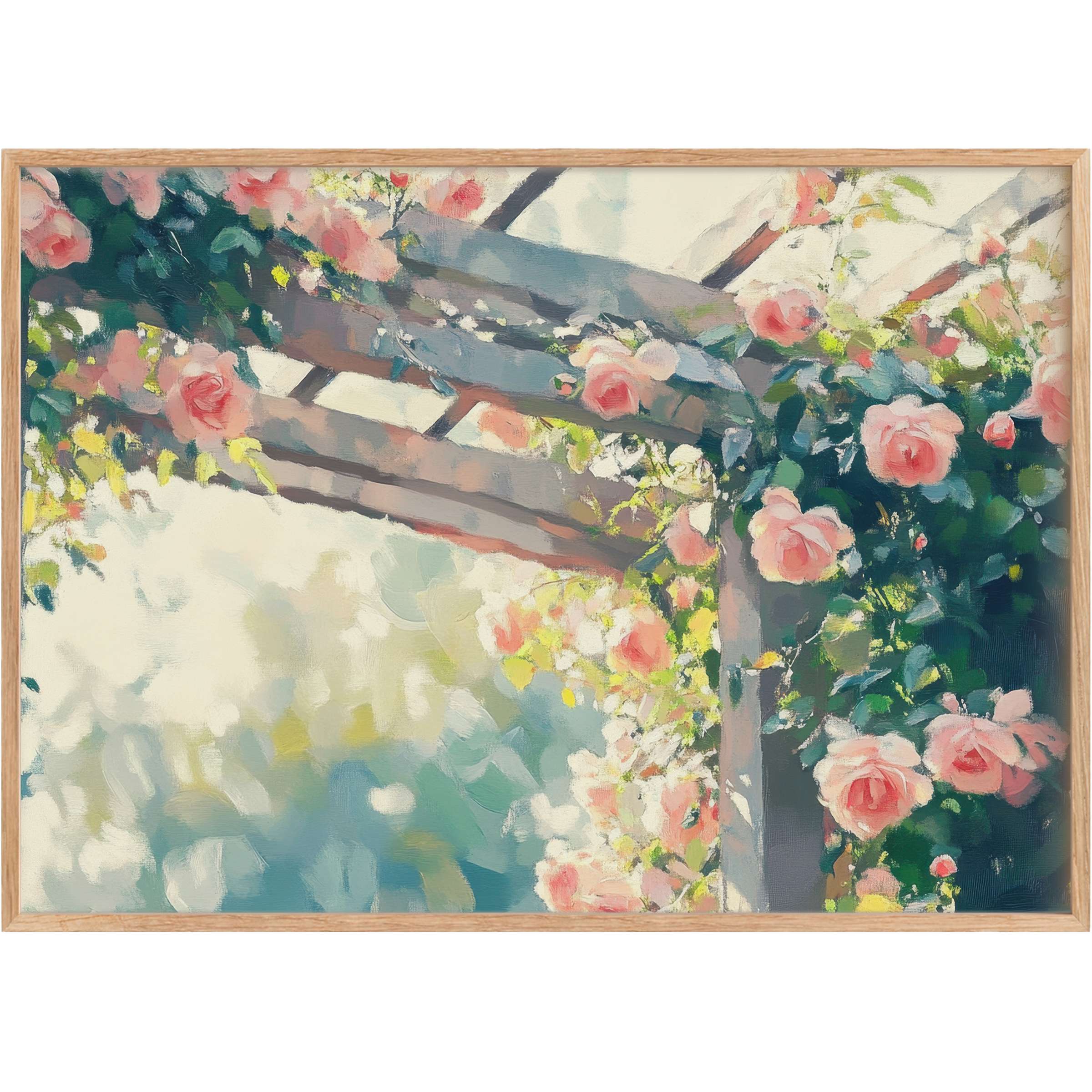 Spring printable wall art depicting a sunlit pergola adorned with soft pink roses, evoking a serene and radiant floral retreat
