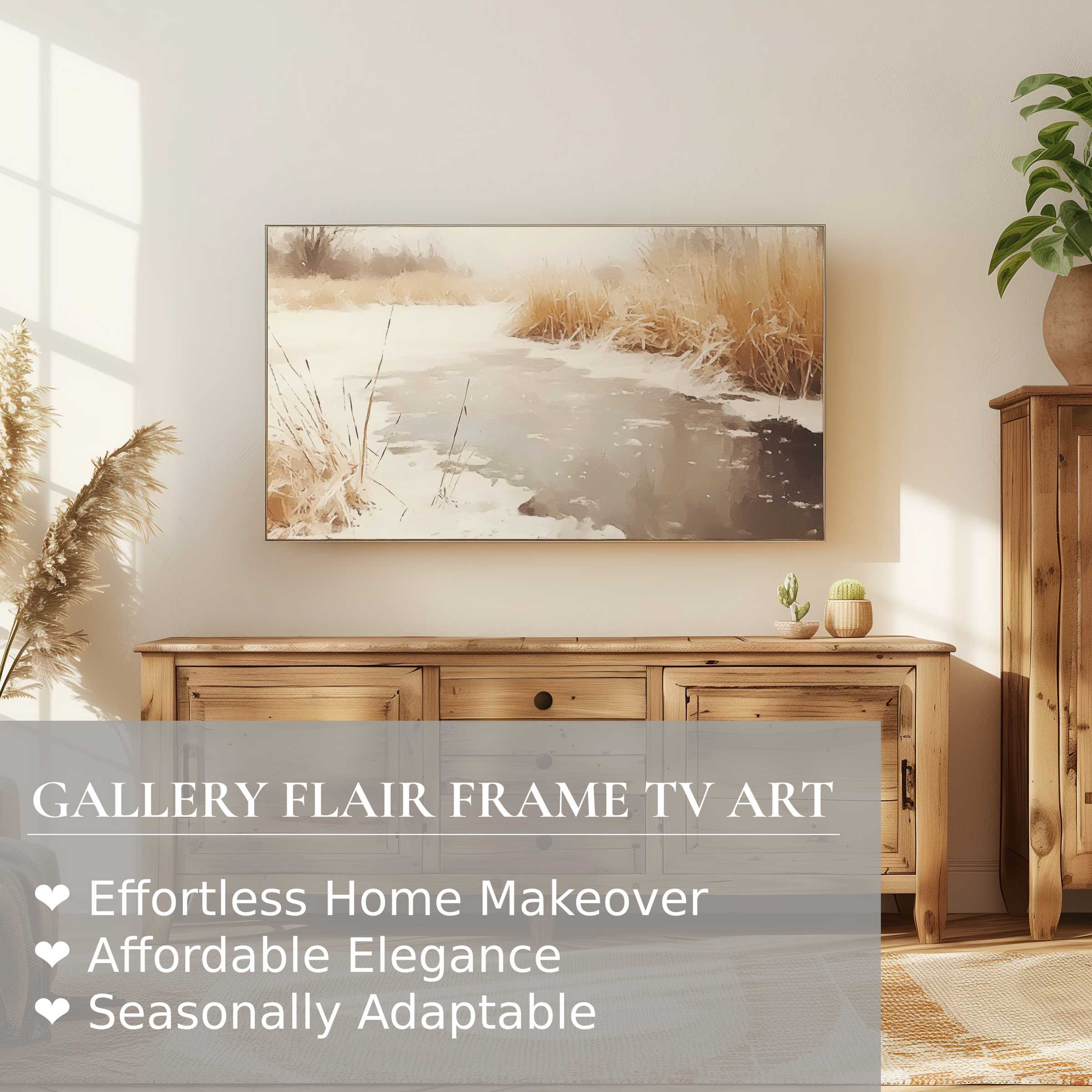 Samsung Frame TV showcasing elegant winter digital artwork, blending serene nature tones for refined home decor