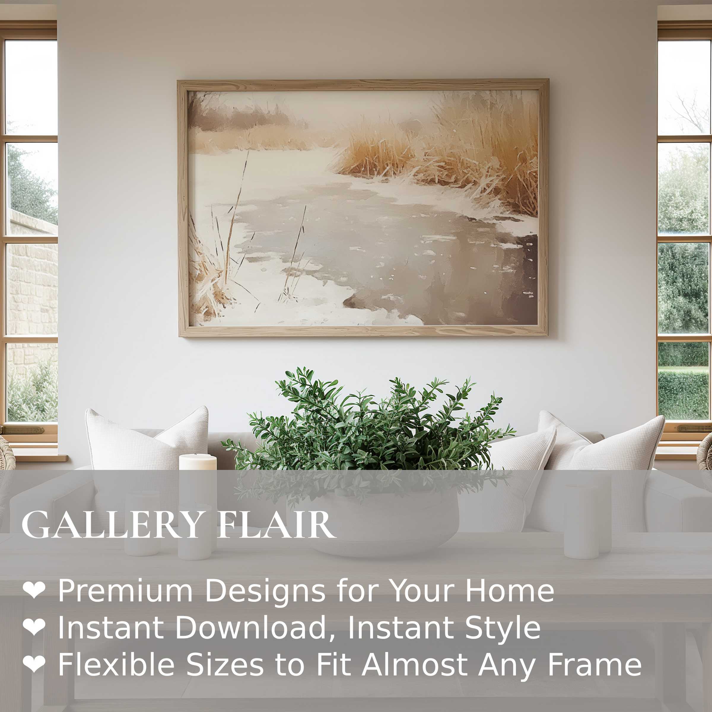 Winter wall art print capturing serene snowy marshland in soft beige and cream tones, enhancing this modern minimalist living room with calm, natural elegance