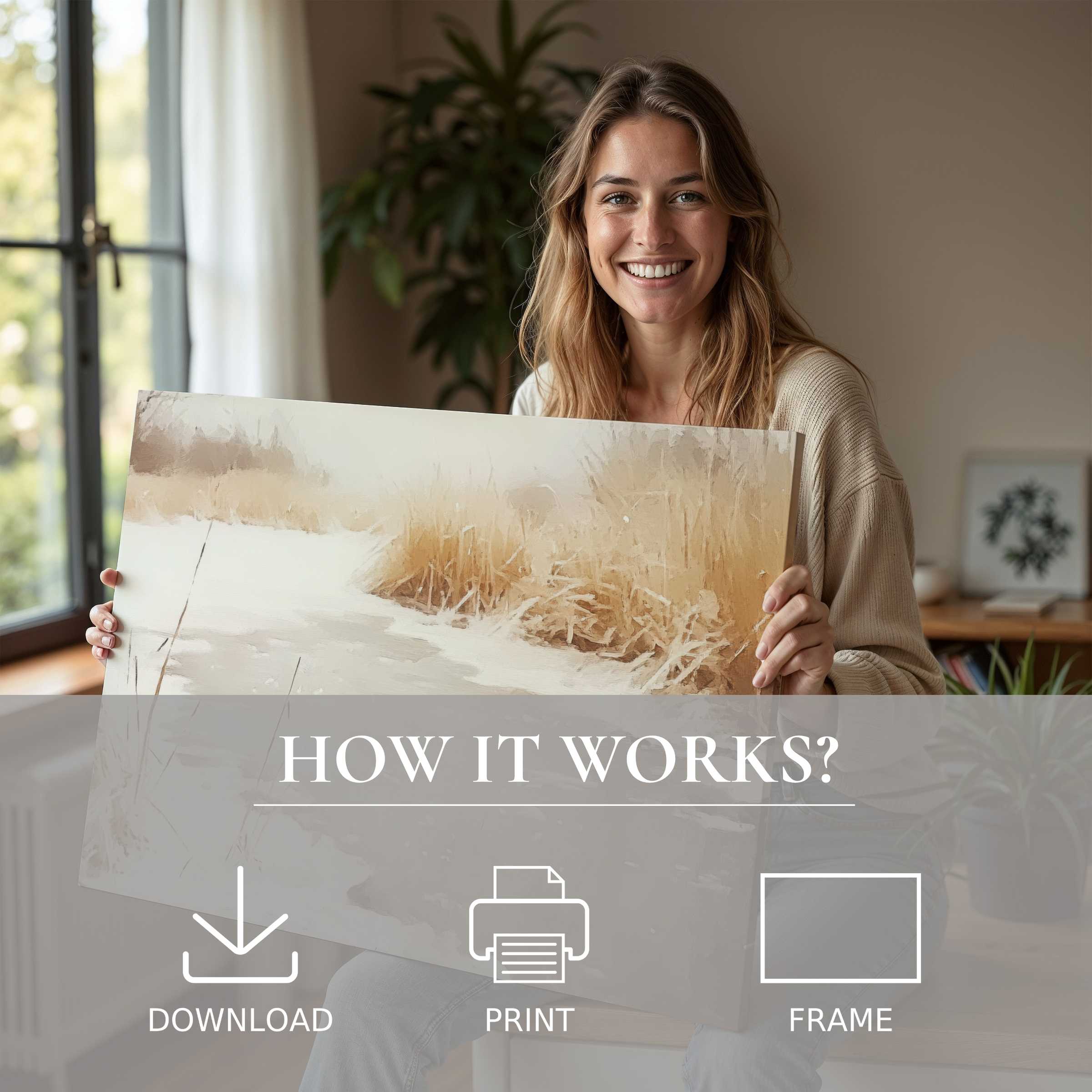 A woman radiates warmth and joy as she presents a winter digital art print, capturing serene natural tones in a modern home