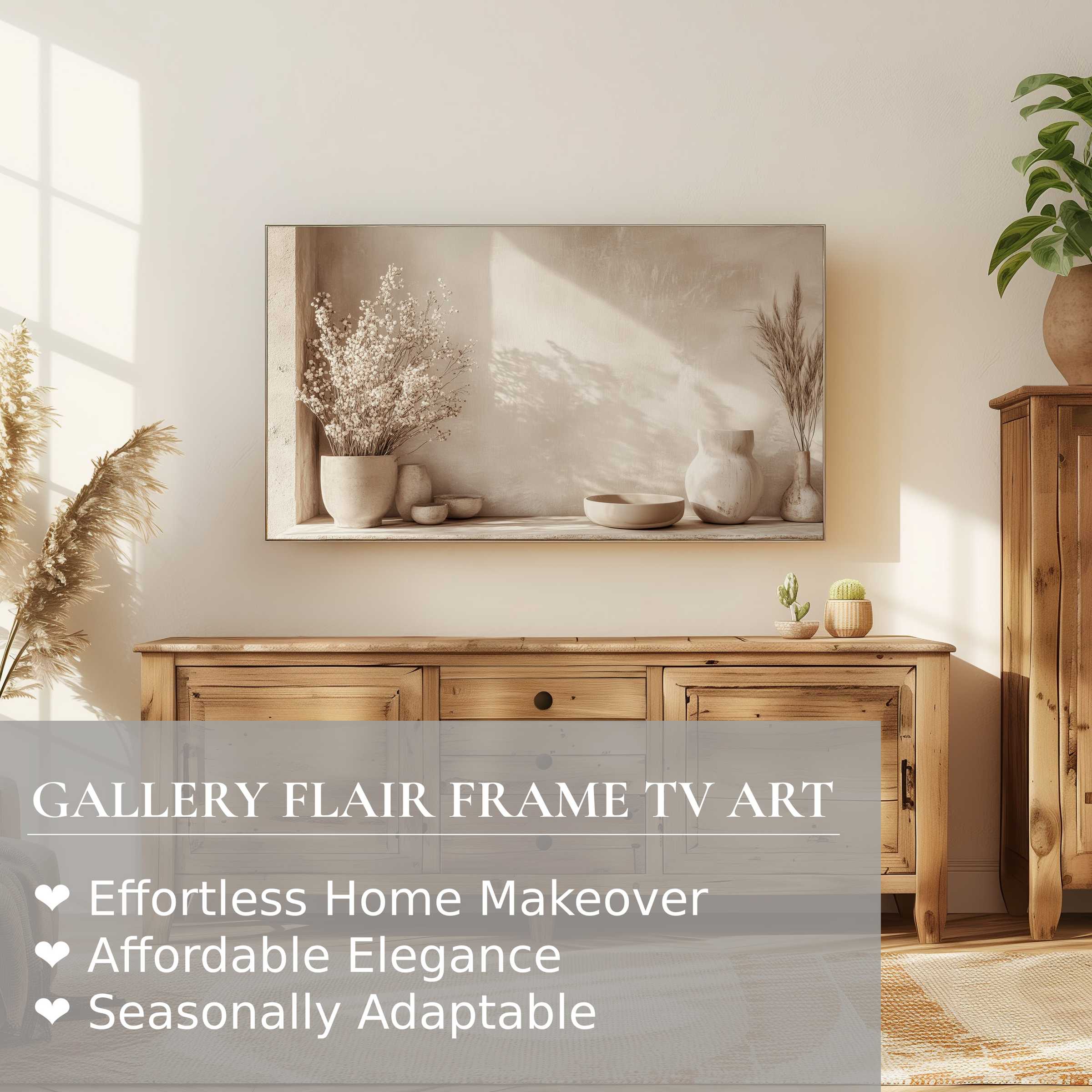 Samsung Frame TV displays serene boho digital artwork in warm beige tones, enhancing elegant modern home decor