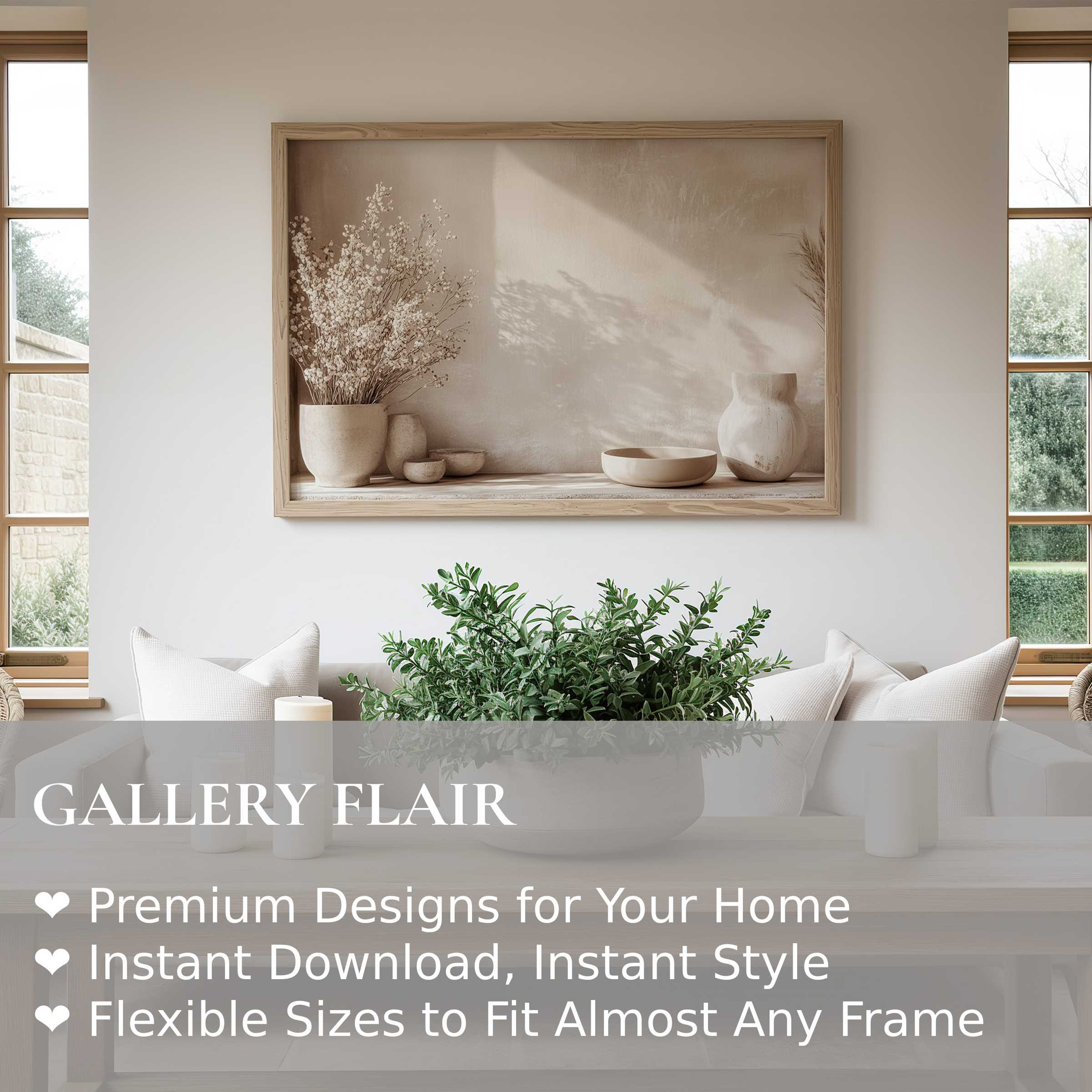 Boho wall art print featuring serene neutral tones and textured ceramics, elevating minimalist modern interiors with subtle warmth and natural elegance