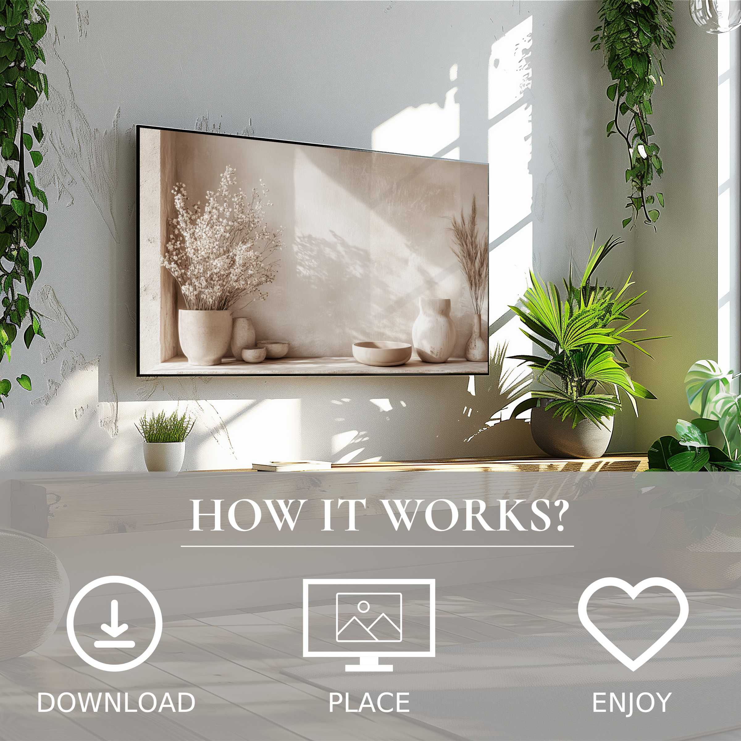 Boho art for Samsung TV: soft sunset tones digital download enriches your space with effortless, modern style and ease of use