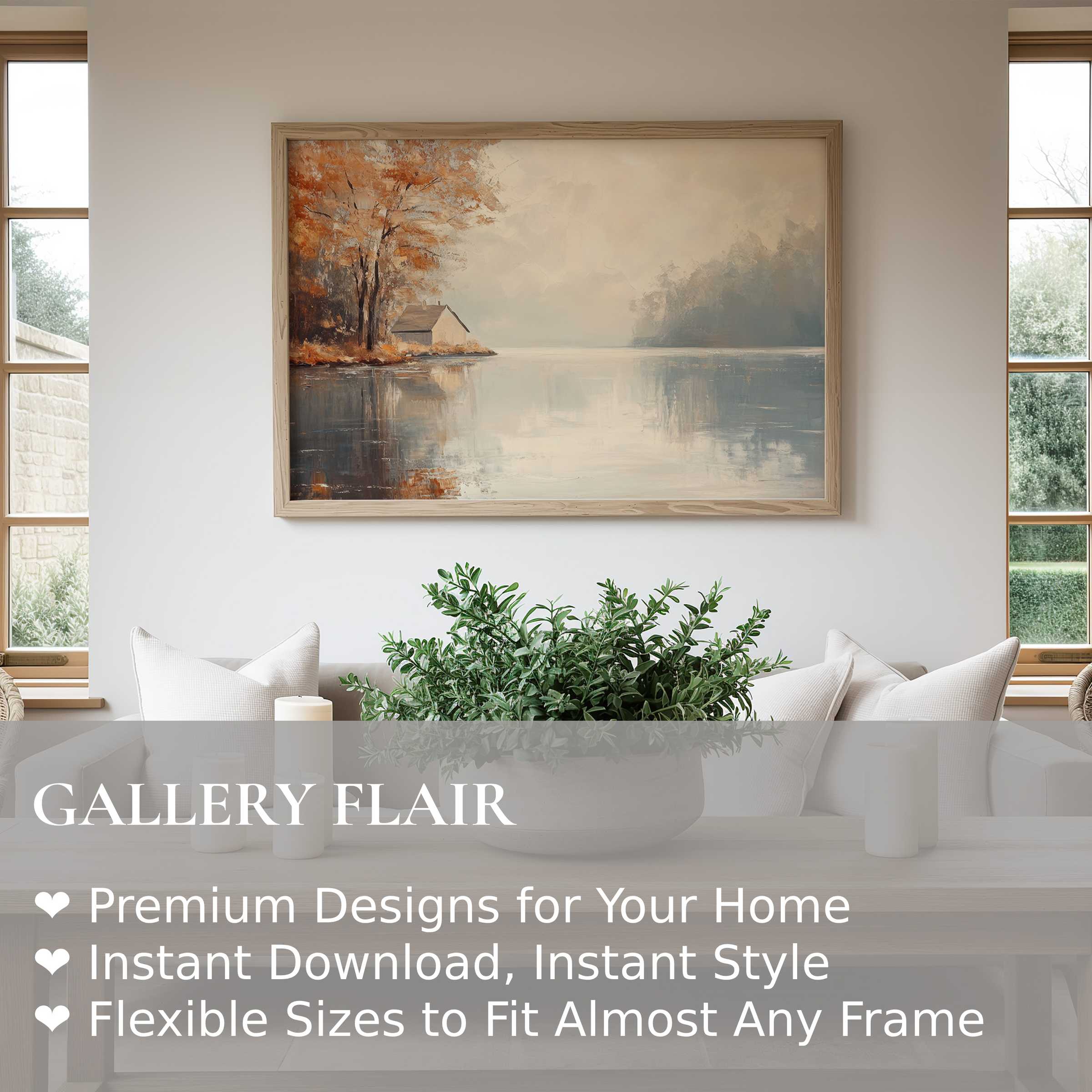 Serene fall wall art print capturing a misty lakeside with amber trees and rustic cabin, enhancing minimalist modern living rooms
